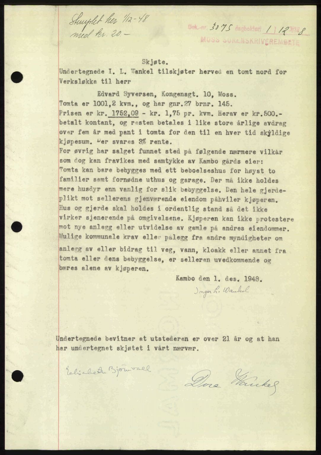 Moss sorenskriveri, SAO/A-10168: Pantebok nr. A20, 1948-1948, Dagboknr: 3075/1948
