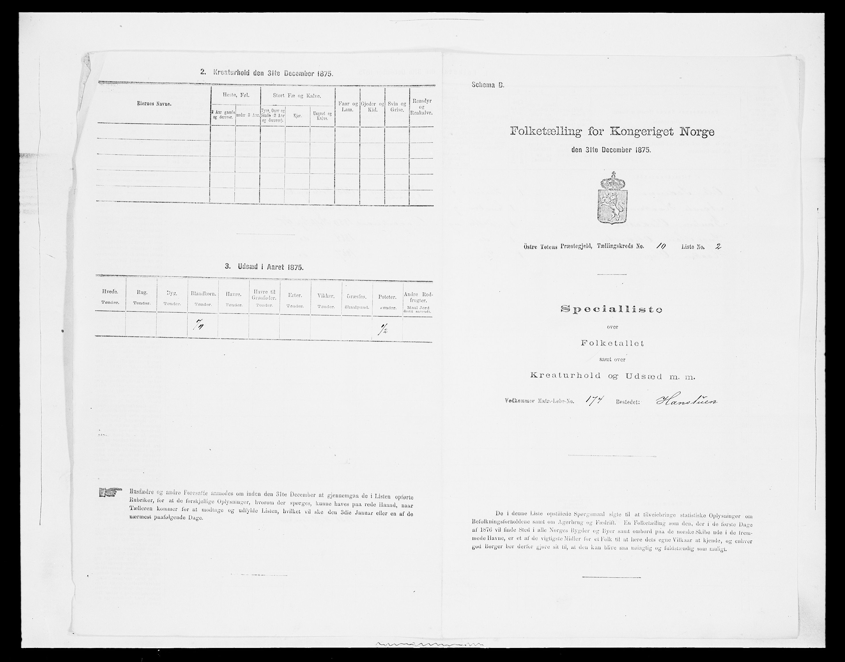 SAH, Folketelling 1875 for 0528P Østre Toten prestegjeld, 1875, s. 1822