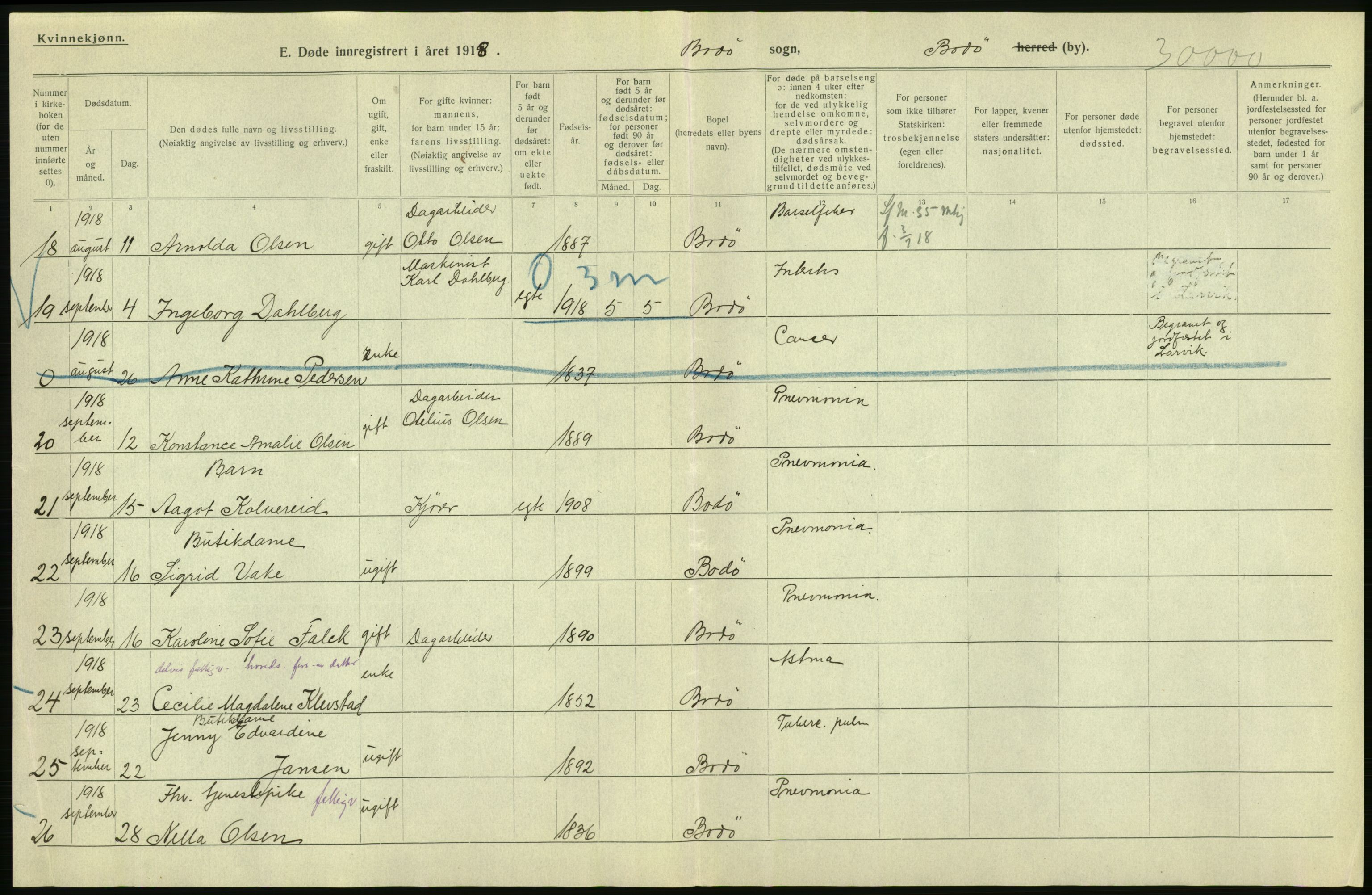 Statistisk sentralbyrå, Sosiodemografiske emner, Befolkning, AV/RA-S-2228/D/Df/Dfb/Dfbh/L0055: Nordland fylke: Døde. Bygder og byer., 1918, s. 6