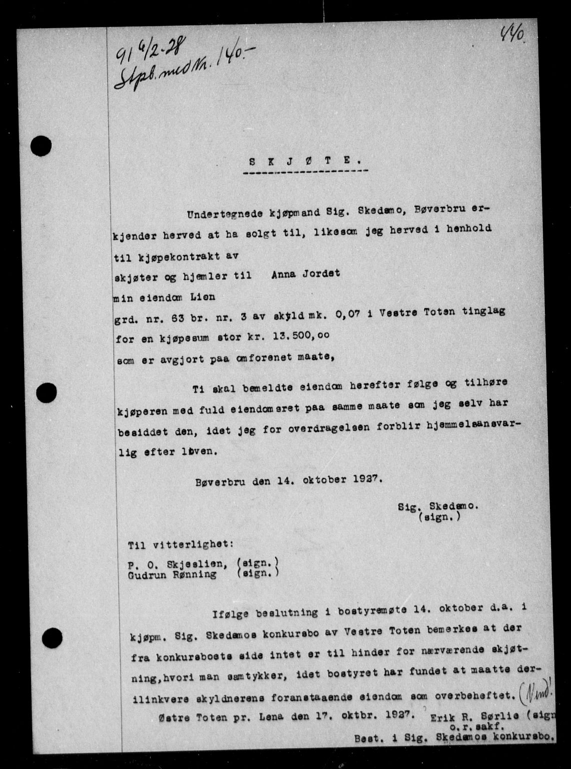 Toten tingrett, SAH/TING-006/H/Hb/Hba/L0036: Pantebok nr. 36, 1927-1928, s. 440