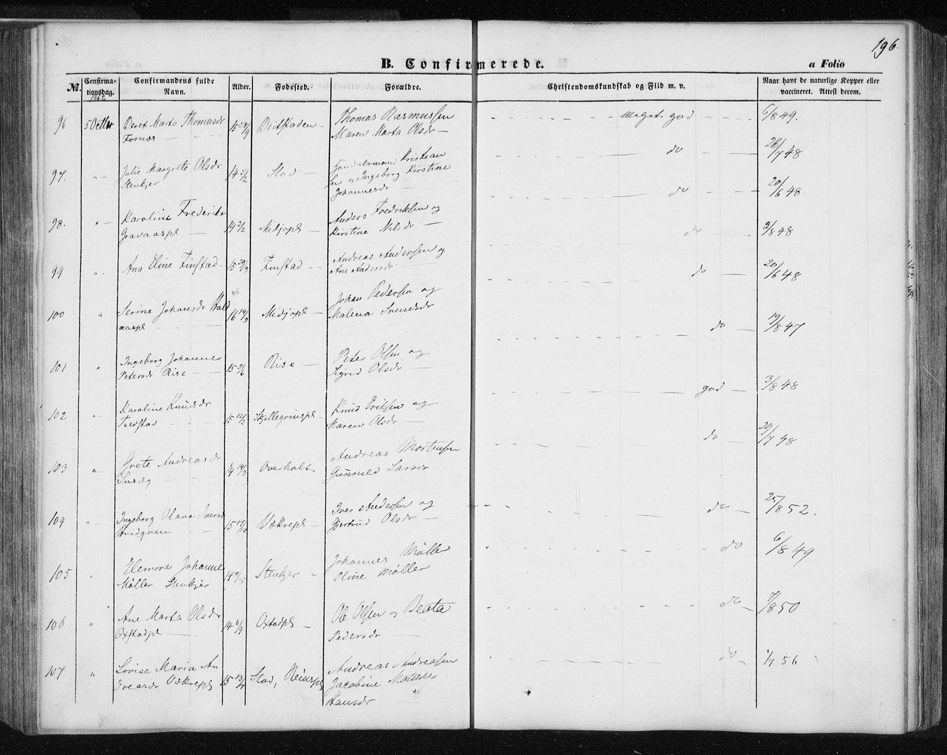 Ministerialprotokoller, klokkerbøker og fødselsregistre - Nord-Trøndelag, SAT/A-1458/735/L0342: Ministerialbok nr. 735A07 /1, 1849-1862, s. 196