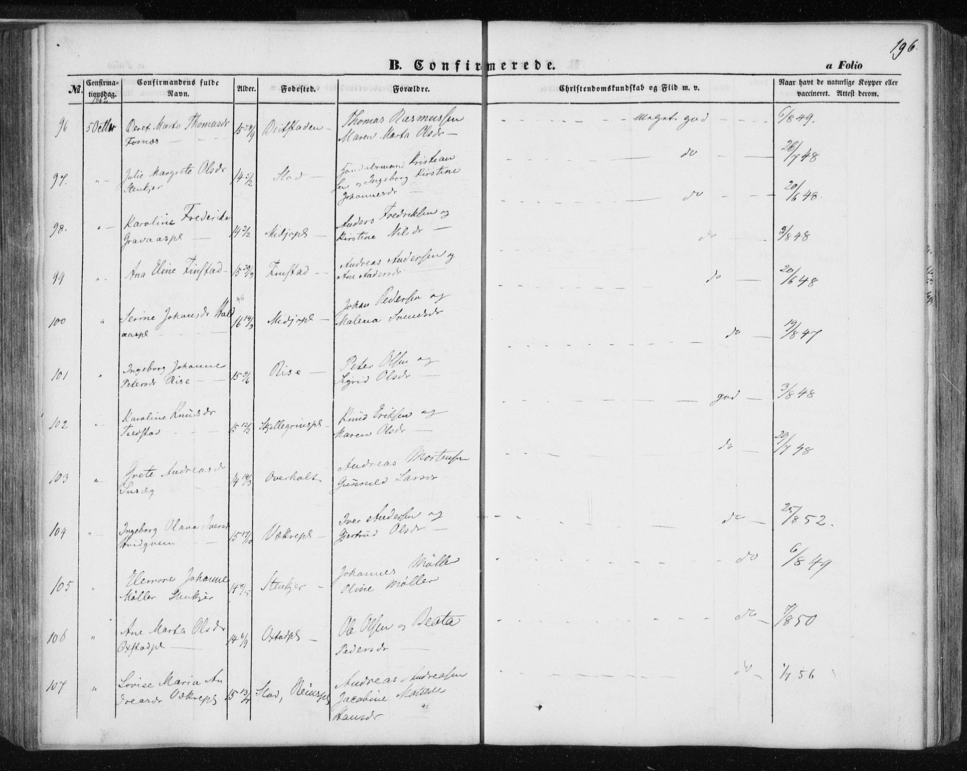 Ministerialprotokoller, klokkerbøker og fødselsregistre - Nord-Trøndelag, AV/SAT-A-1458/735/L0342: Ministerialbok nr. 735A07 /1, 1849-1862, s. 196