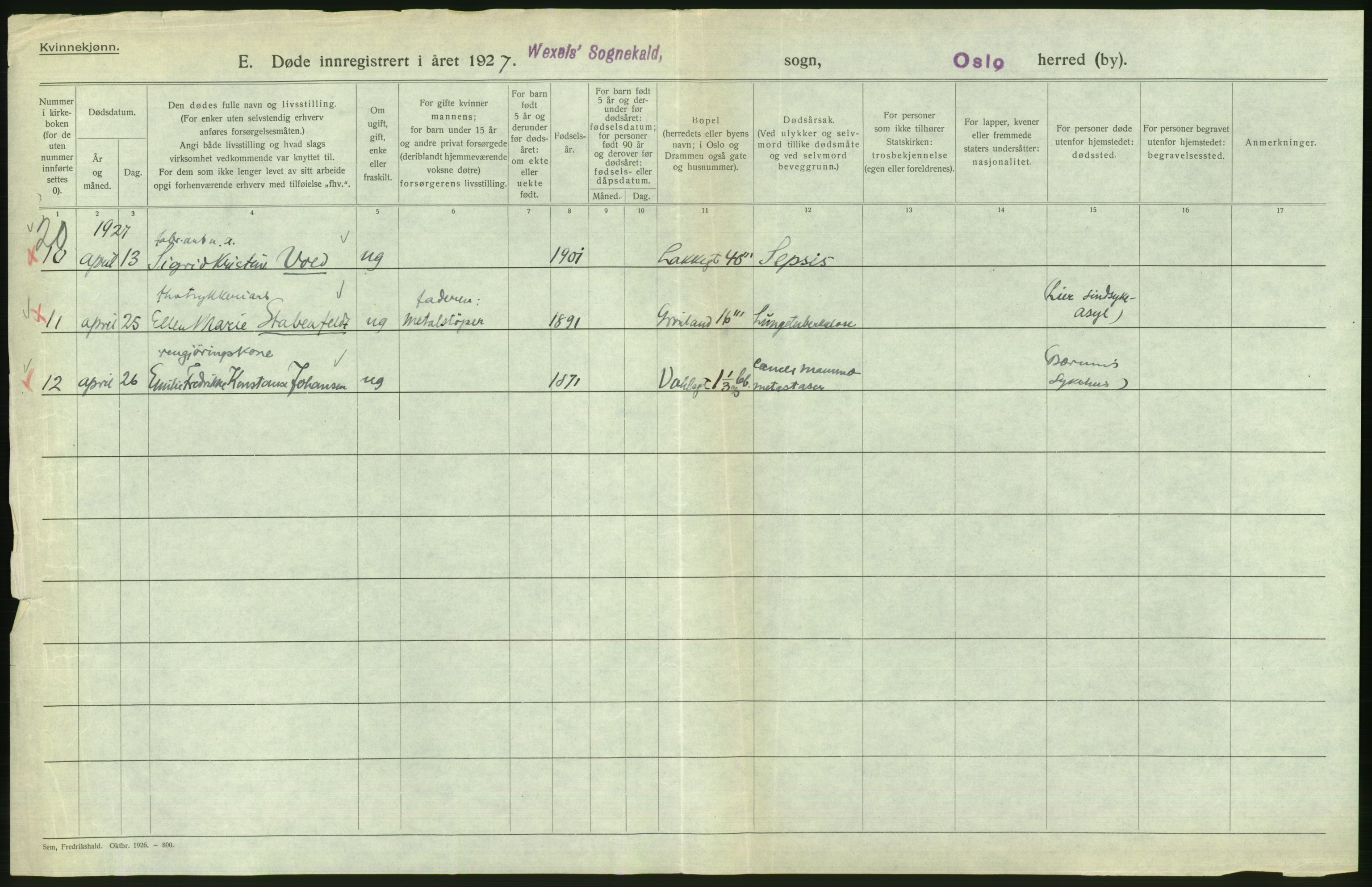 Statistisk sentralbyrå, Sosiodemografiske emner, Befolkning, AV/RA-S-2228/D/Df/Dfc/Dfcg/L0010: Oslo: Døde kvinner, dødfødte, 1927, s. 708