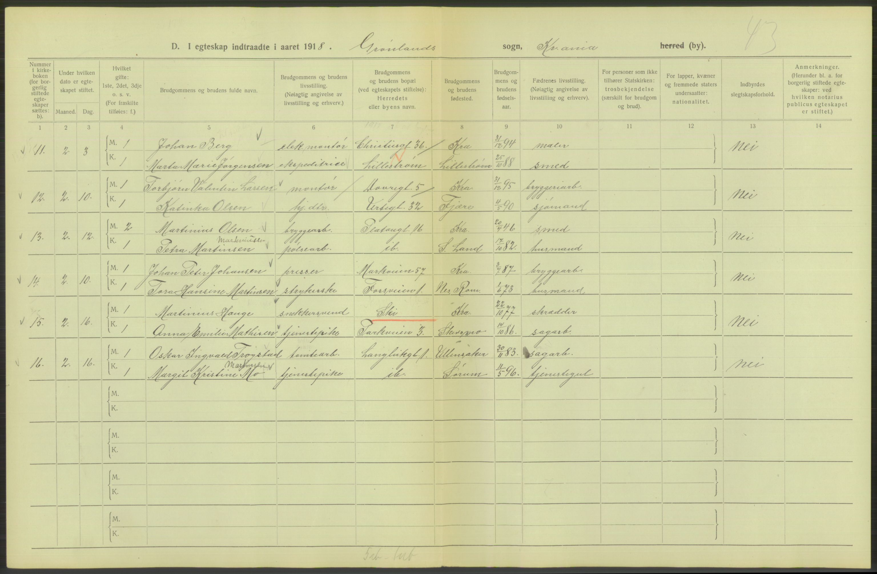 Statistisk sentralbyrå, Sosiodemografiske emner, Befolkning, AV/RA-S-2228/D/Df/Dfb/Dfbh/L0009: Kristiania: Gifte, 1918, s. 752