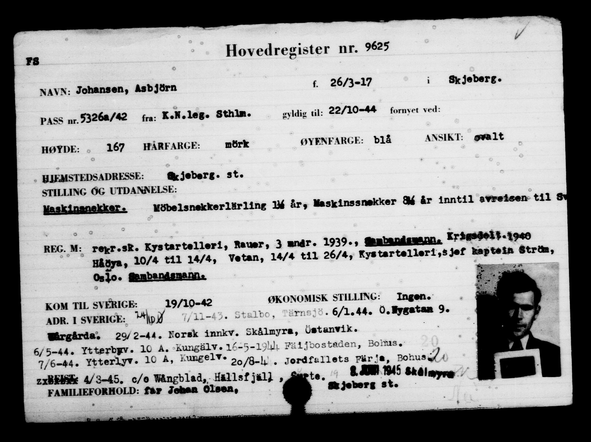 Utenriksstasjonene, Legasjonen i Stockholm, Flyktningkontoret, AV/RA-S-6753/V/Va/L0006: Kjesäterkartoteket, flyktninger med registreringsnr. 9400-12711, 1940-1945, s. 252