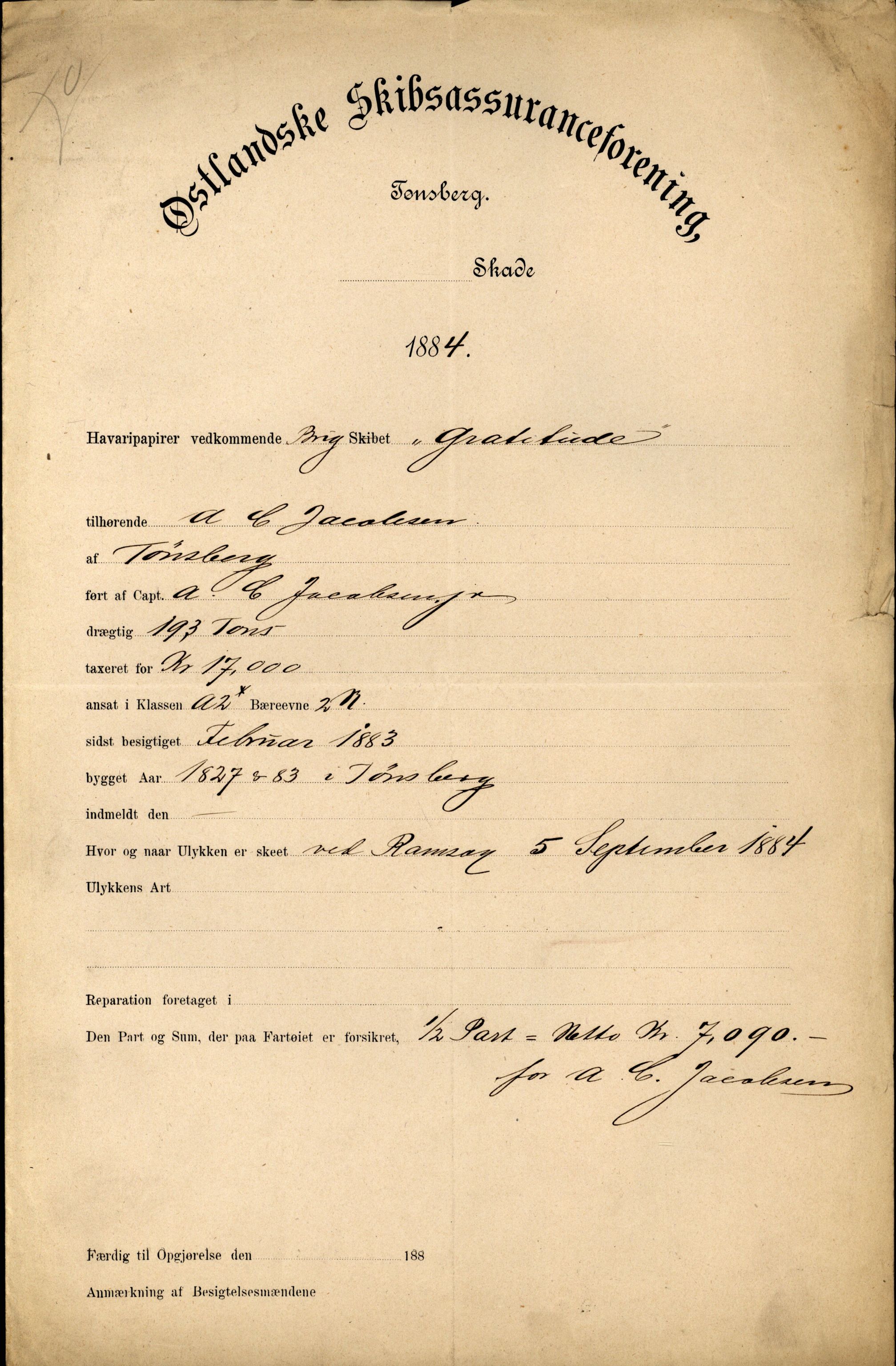 Pa 63 - Østlandske skibsassuranceforening, VEMU/A-1079/G/Ga/L0017/0010: Havaridokumenter / Frithjof, Grid, Gratitude, Gaselle, Garibaldi, 1884, s. 13