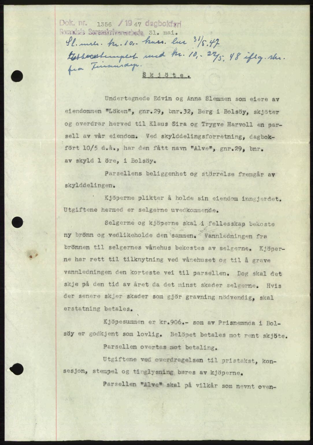Romsdal sorenskriveri, AV/SAT-A-4149/1/2/2C: Pantebok nr. A23, 1947-1947, Dagboknr: 1356/1947