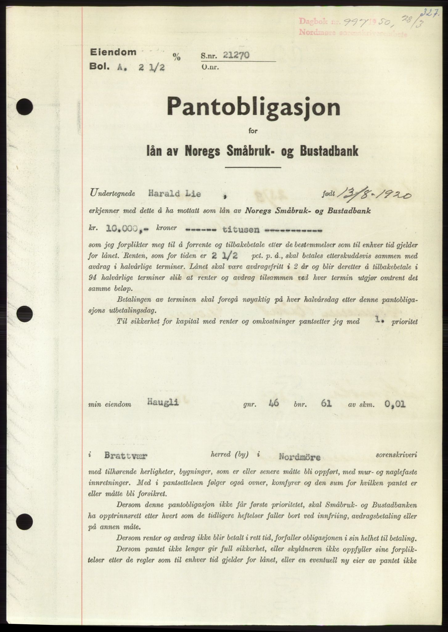 Nordmøre sorenskriveri, SAT/A-4132/1/2/2Ca: Pantebok nr. B104, 1950-1950, Dagboknr: 997/1950