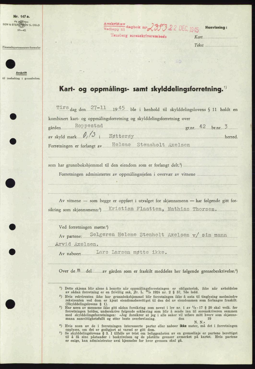 Tønsberg sorenskriveri, AV/SAKO-A-130/G/Ga/Gaa/L0017a: Pantebok nr. A17a, 1945-1945, Dagboknr: 2353/1945