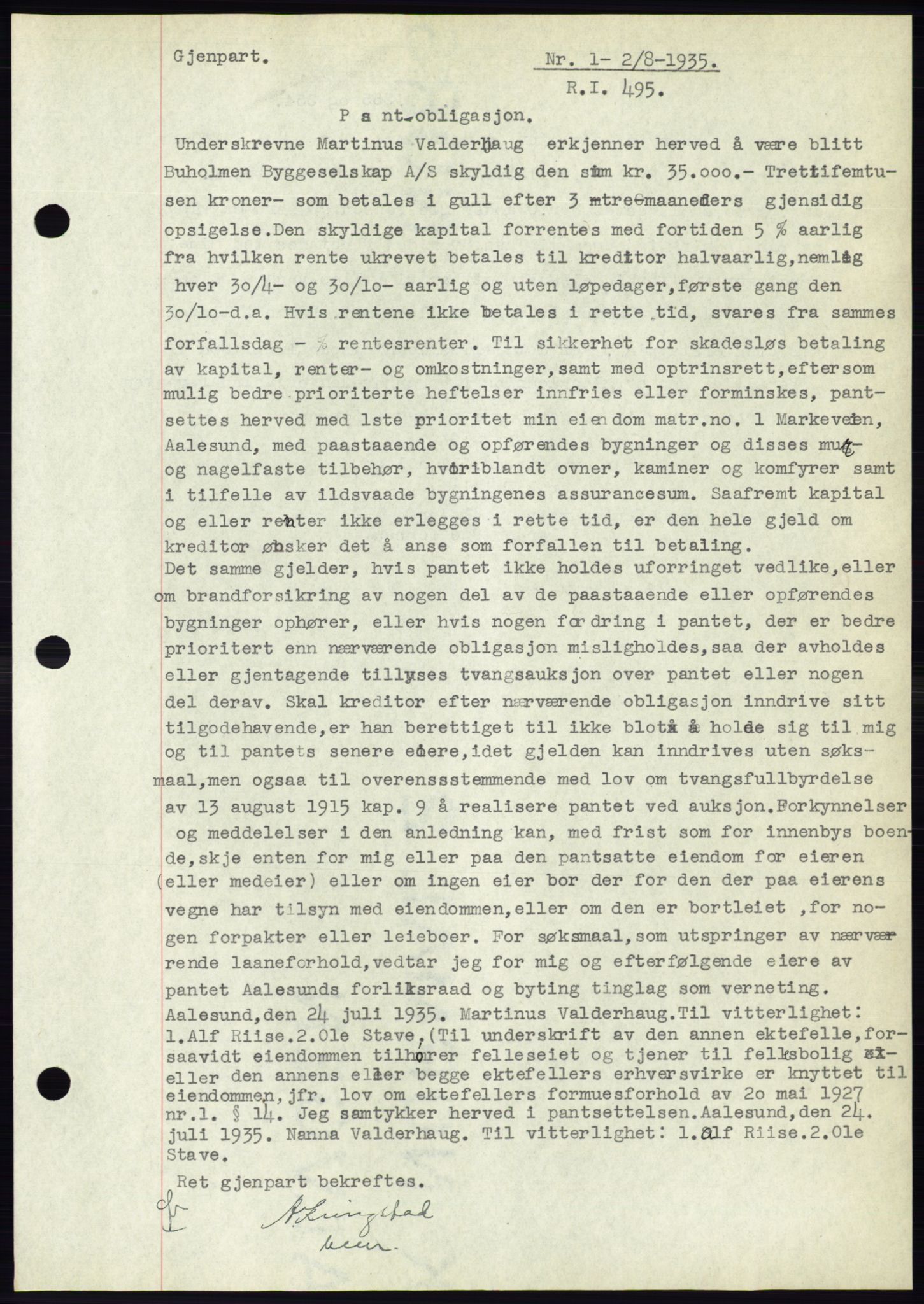 Ålesund byfogd, AV/SAT-A-4384: Pantebok nr. 32, 1934-1935, Tingl.dato: 02.08.1935