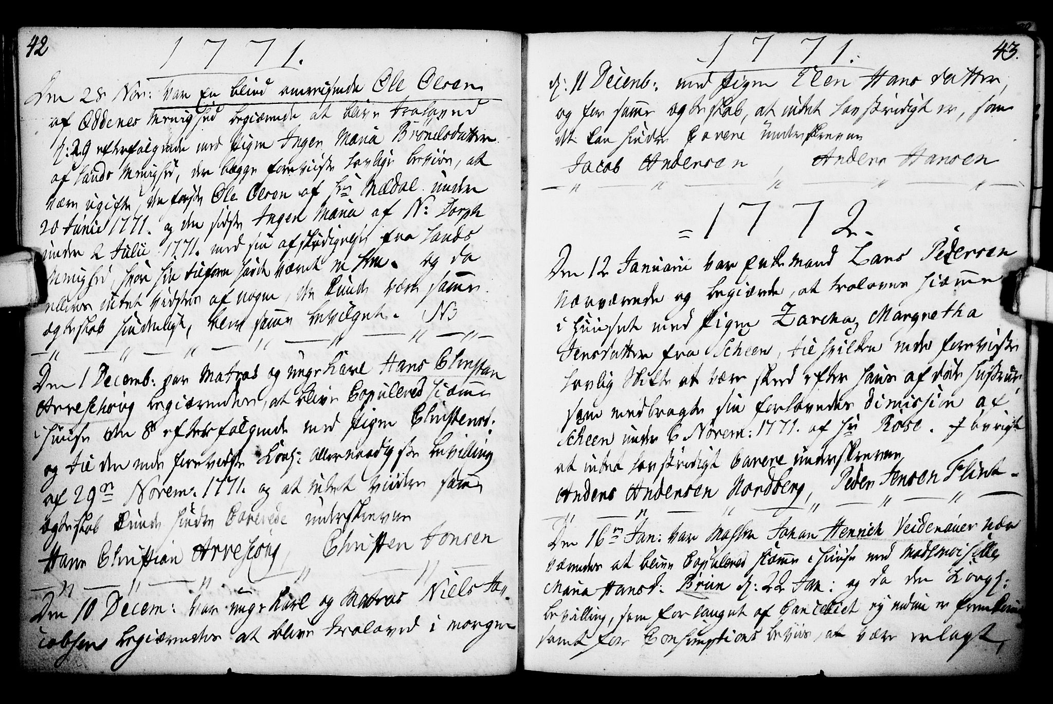 Porsgrunn kirkebøker , AV/SAKO-A-104/F/Fa/L0003: Ministerialbok nr. 3, 1764-1814, s. 42-43