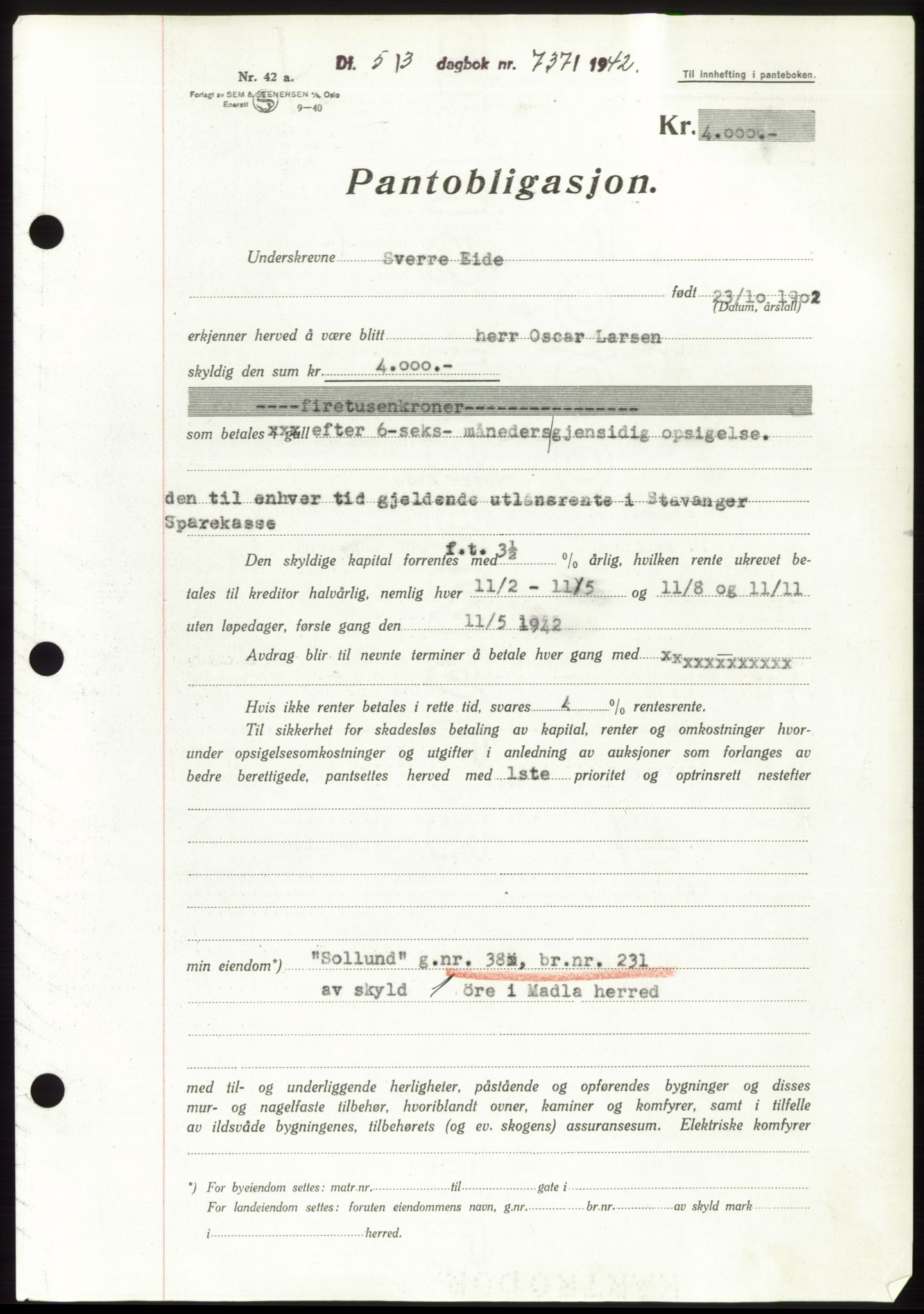 Jæren sorenskriveri, SAST/A-100310/03/G/Gba/L0082: Pantebok, 1942-1942, Dagboknr: 737/1942