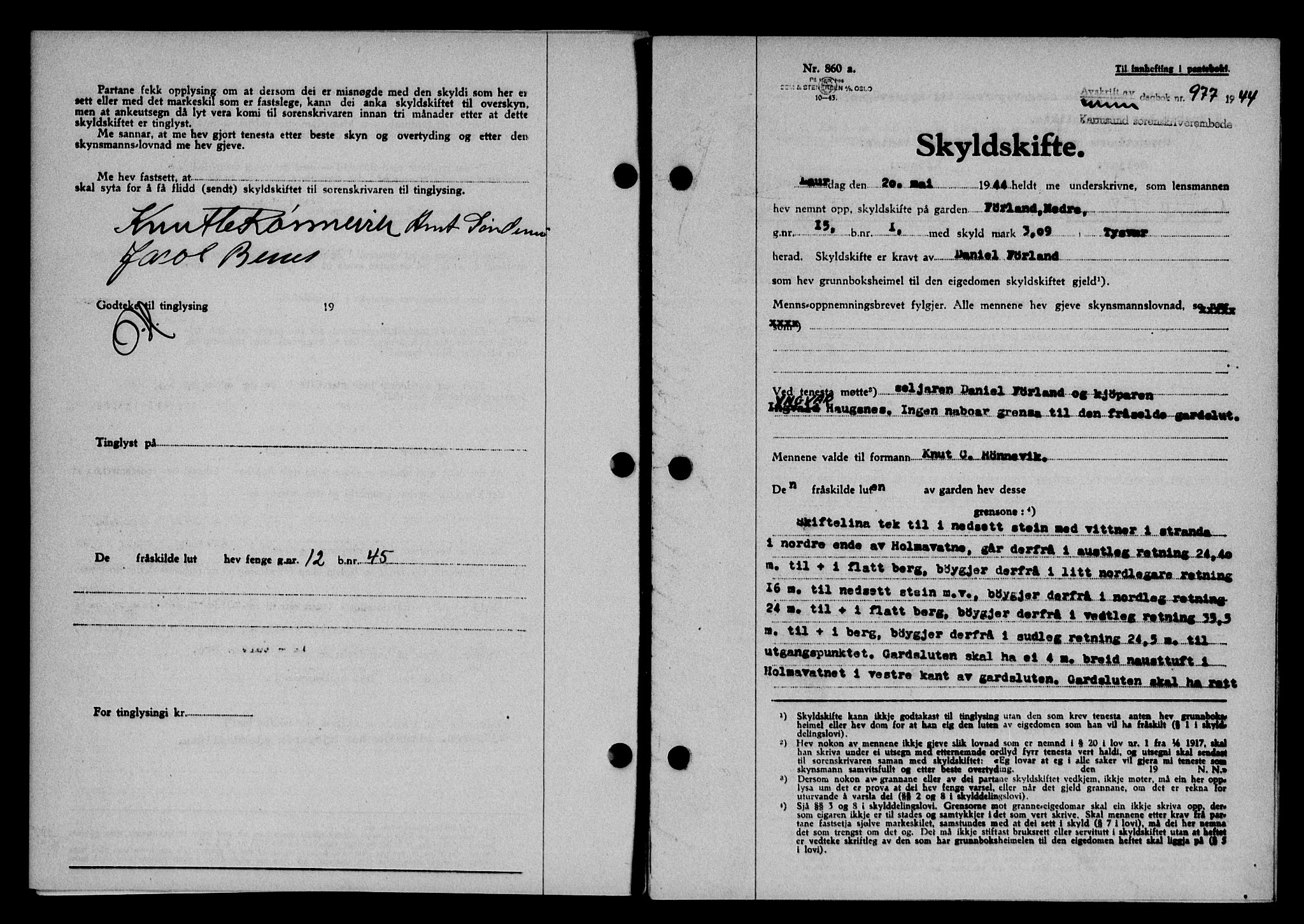 Karmsund sorenskriveri, SAST/A-100311/01/II/IIB/L0082: Pantebok nr. 63A, 1944-1944, Dagboknr: 977/1944