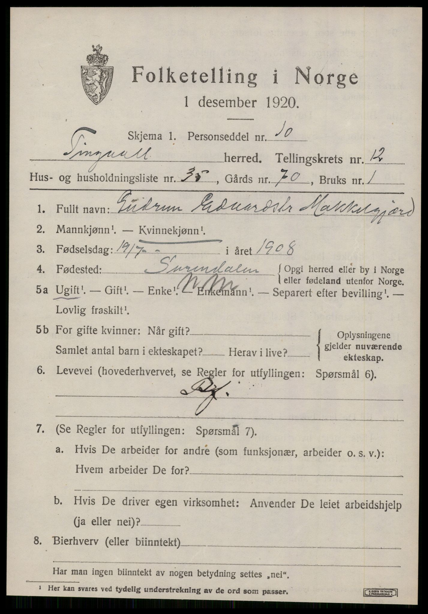 SAT, Folketelling 1920 for 1560 Tingvoll herred, 1920, s. 6442