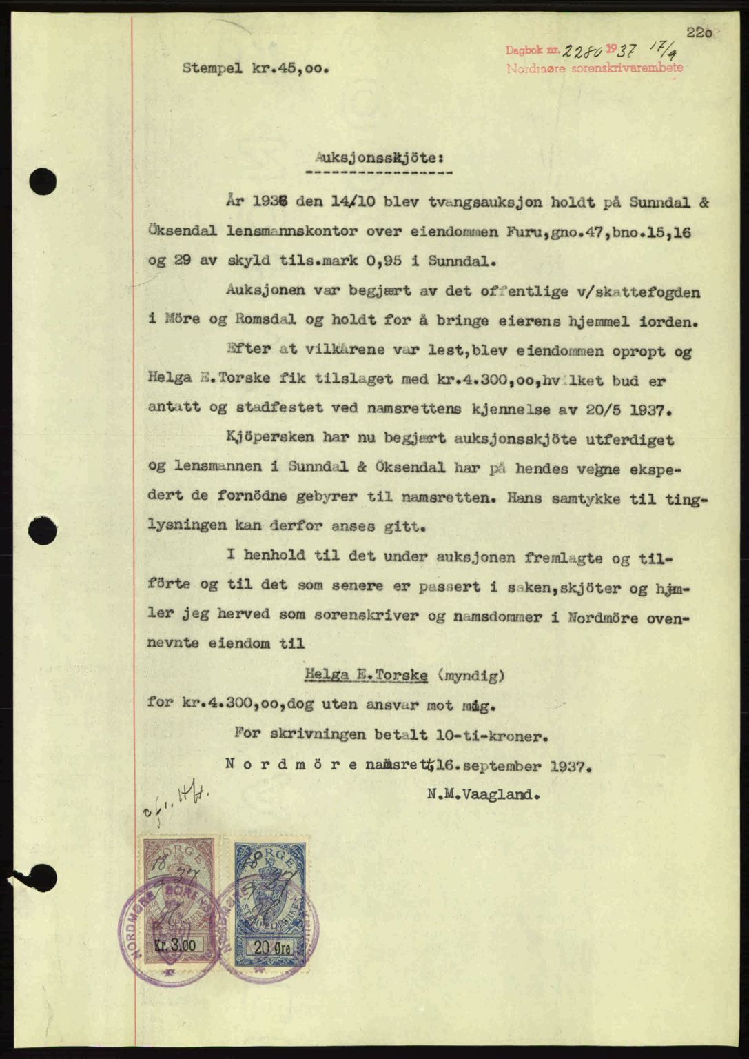 Nordmøre sorenskriveri, AV/SAT-A-4132/1/2/2Ca: Pantebok nr. A82, 1937-1938, Dagboknr: 2280/1937