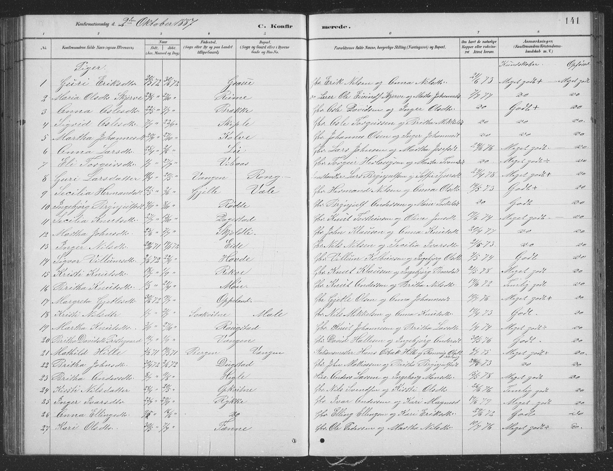 Voss sokneprestembete, AV/SAB-A-79001/H/Hab: Klokkerbok nr. B 3, 1879-1894, s. 141