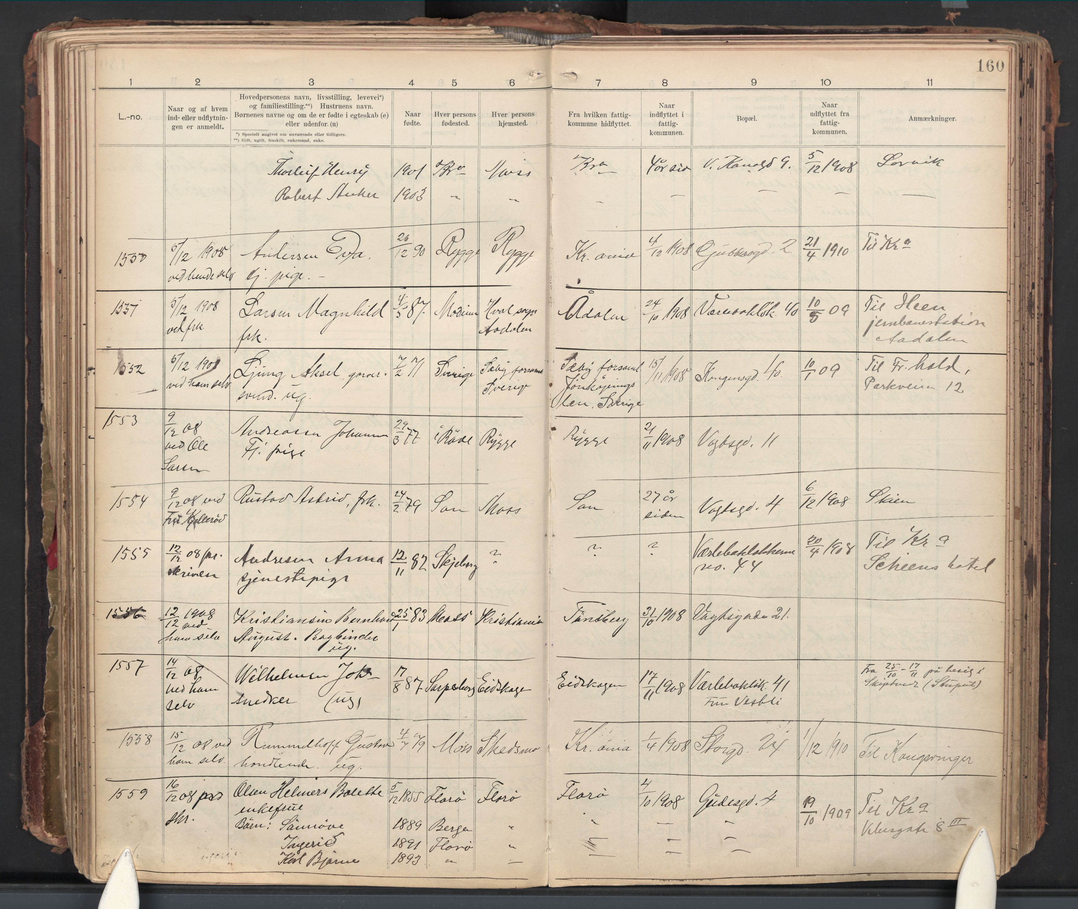 Moss folkeregister, AV/SAO-A-10020/J/L0002: Inn- og utflyttede i Moss fattigkommune, 1905-1913, s. 160