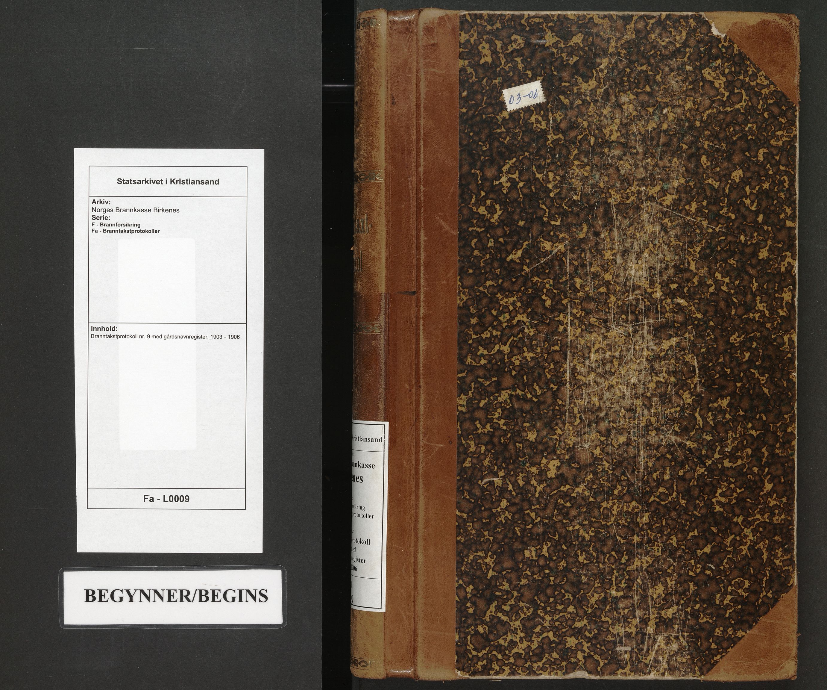 Norges Brannkasse Birkenes, SAK/2241-0005/F/Fa/L0009: Branntakstprotokoll nr. 9 med gårdsnavnregister, 1903-1906