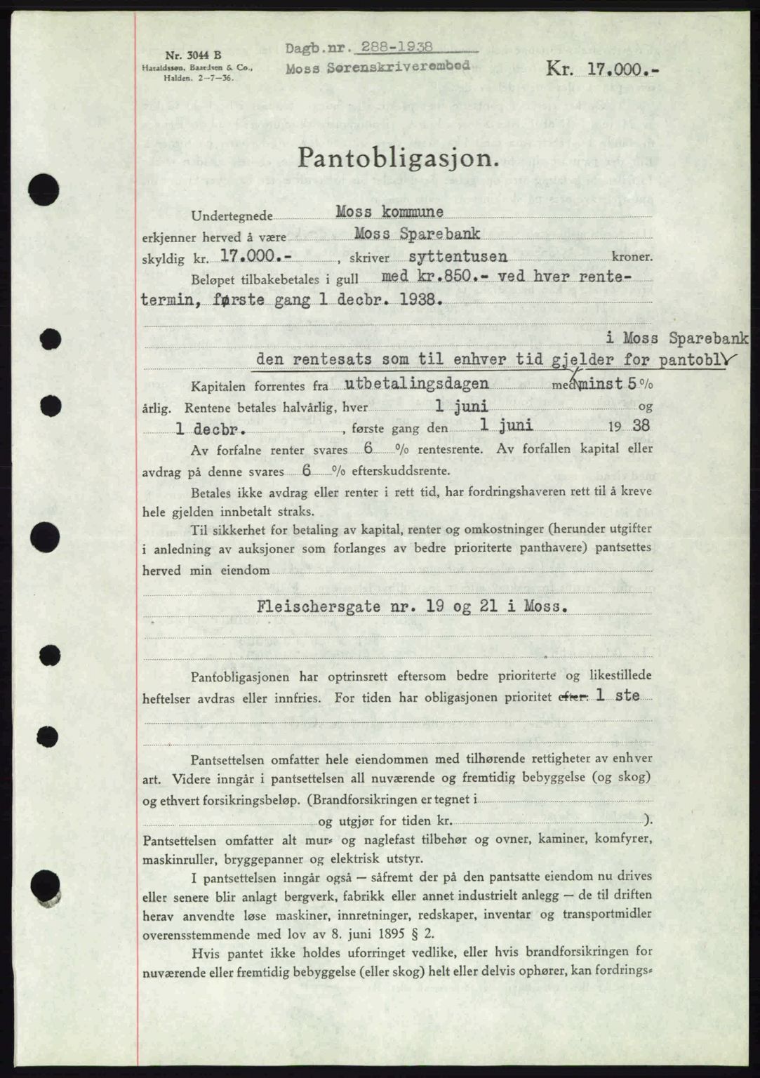 Moss sorenskriveri, AV/SAO-A-10168: Pantebok nr. B5, 1938-1938, Dagboknr: 288/1938