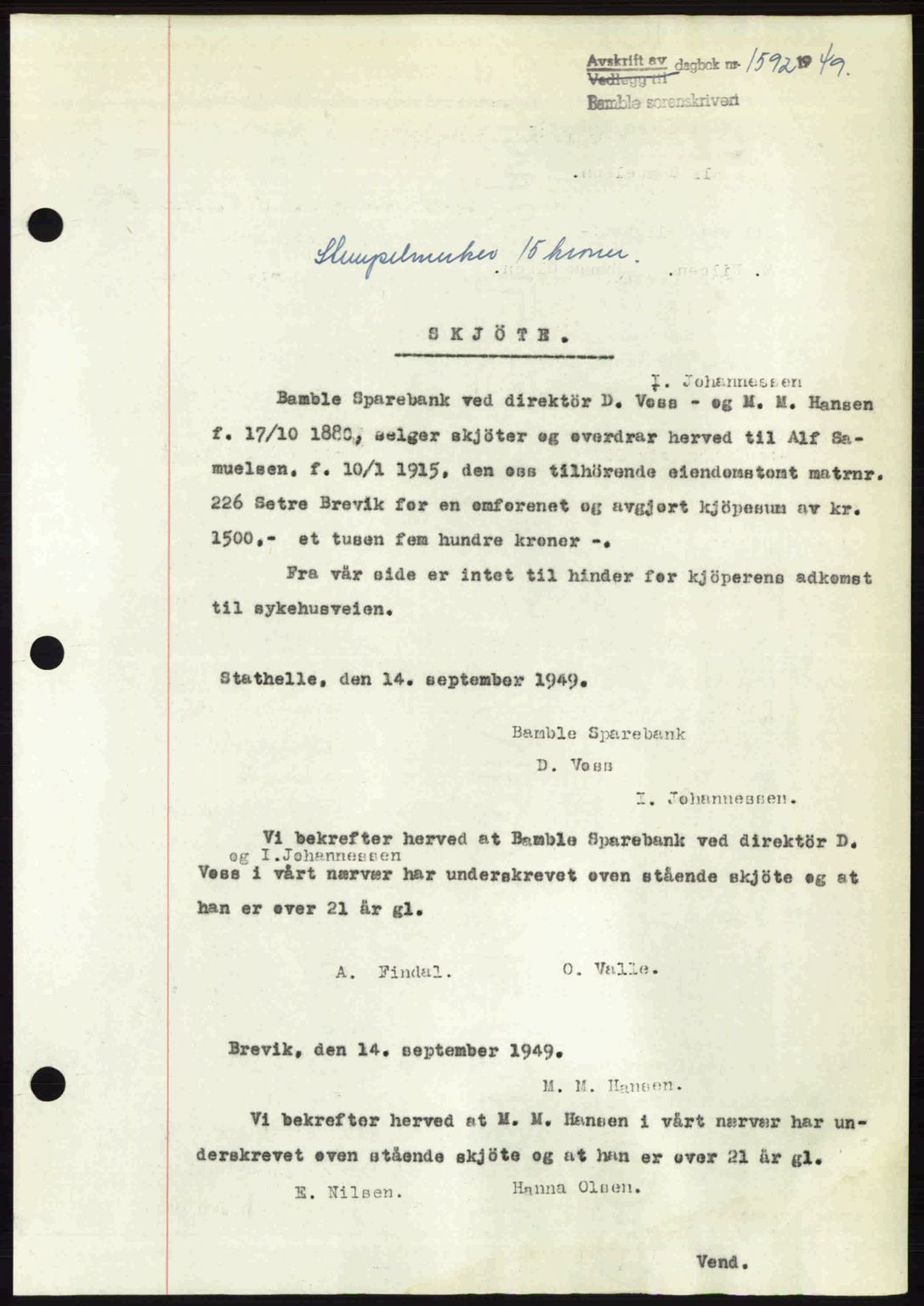 Bamble sorenskriveri, SAKO/A-214/G/Ga/Gag/L0015: Pantebok nr. A-15, 1949-1949, Dagboknr: 1592/1949