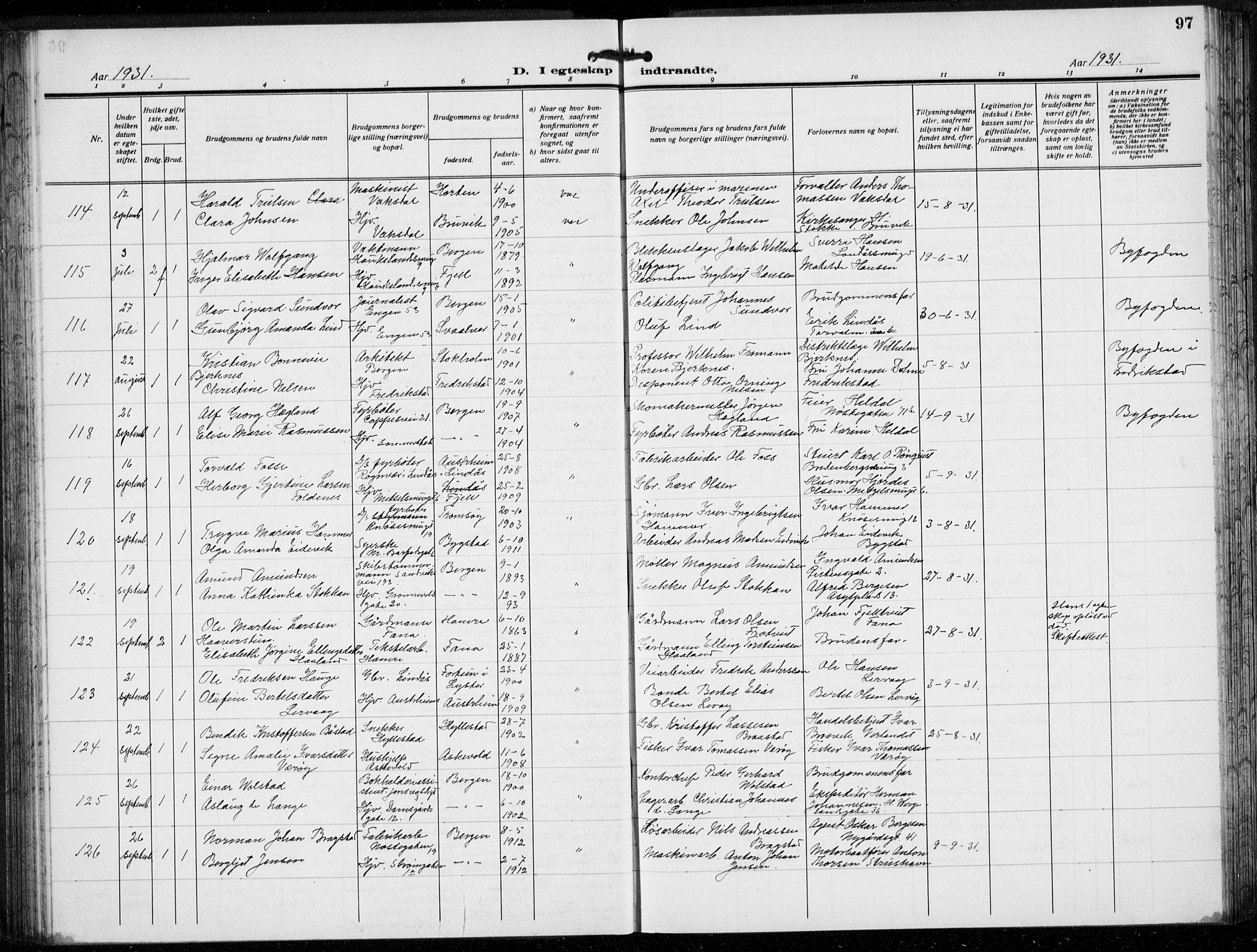 Domkirken sokneprestembete, AV/SAB-A-74801/H/Hab/L0034: Klokkerbok nr. D 6, 1924-1941, s. 97