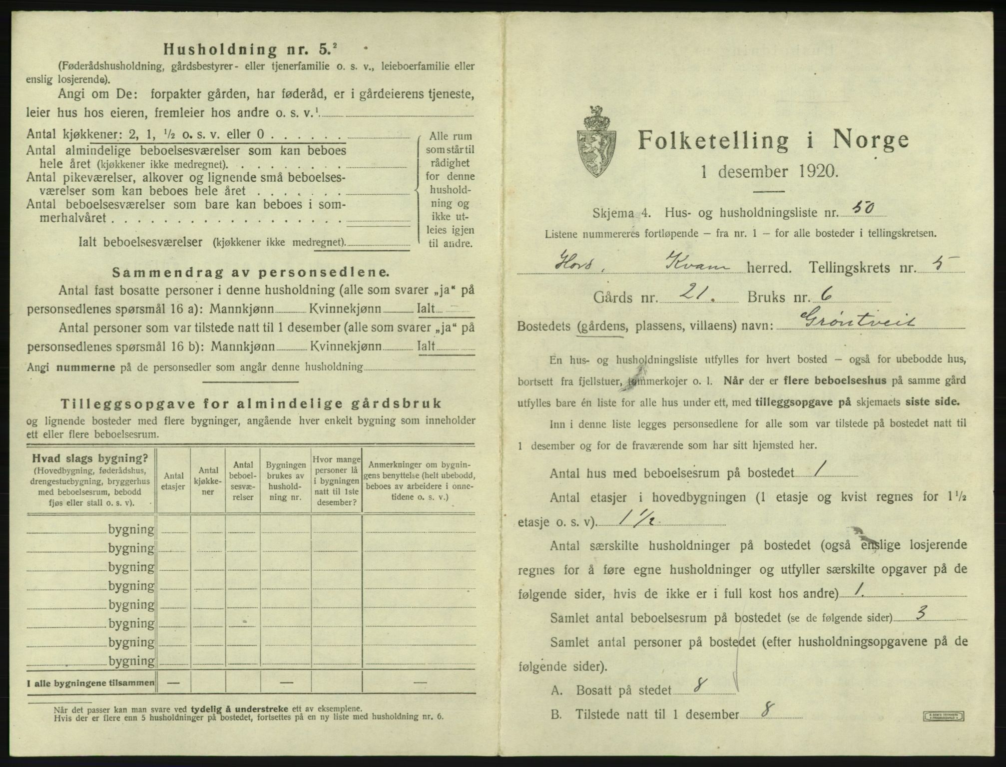 SAB, Folketelling 1920 for 1238 Kvam herred, 1920, s. 488