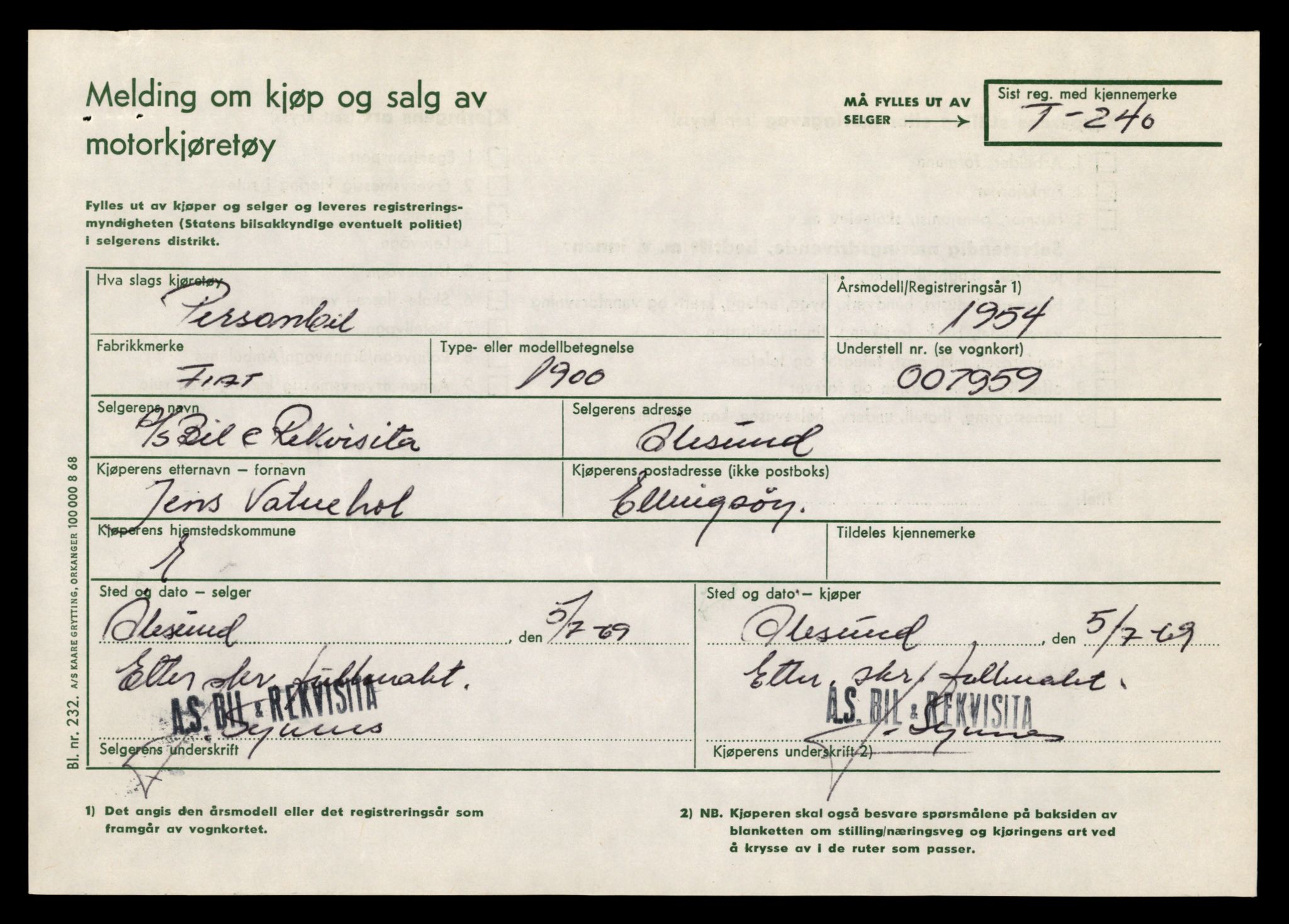 Møre og Romsdal vegkontor - Ålesund trafikkstasjon, SAT/A-4099/F/Fe/L0003: Registreringskort for kjøretøy T 232 - T 340, 1927-1998, s. 201