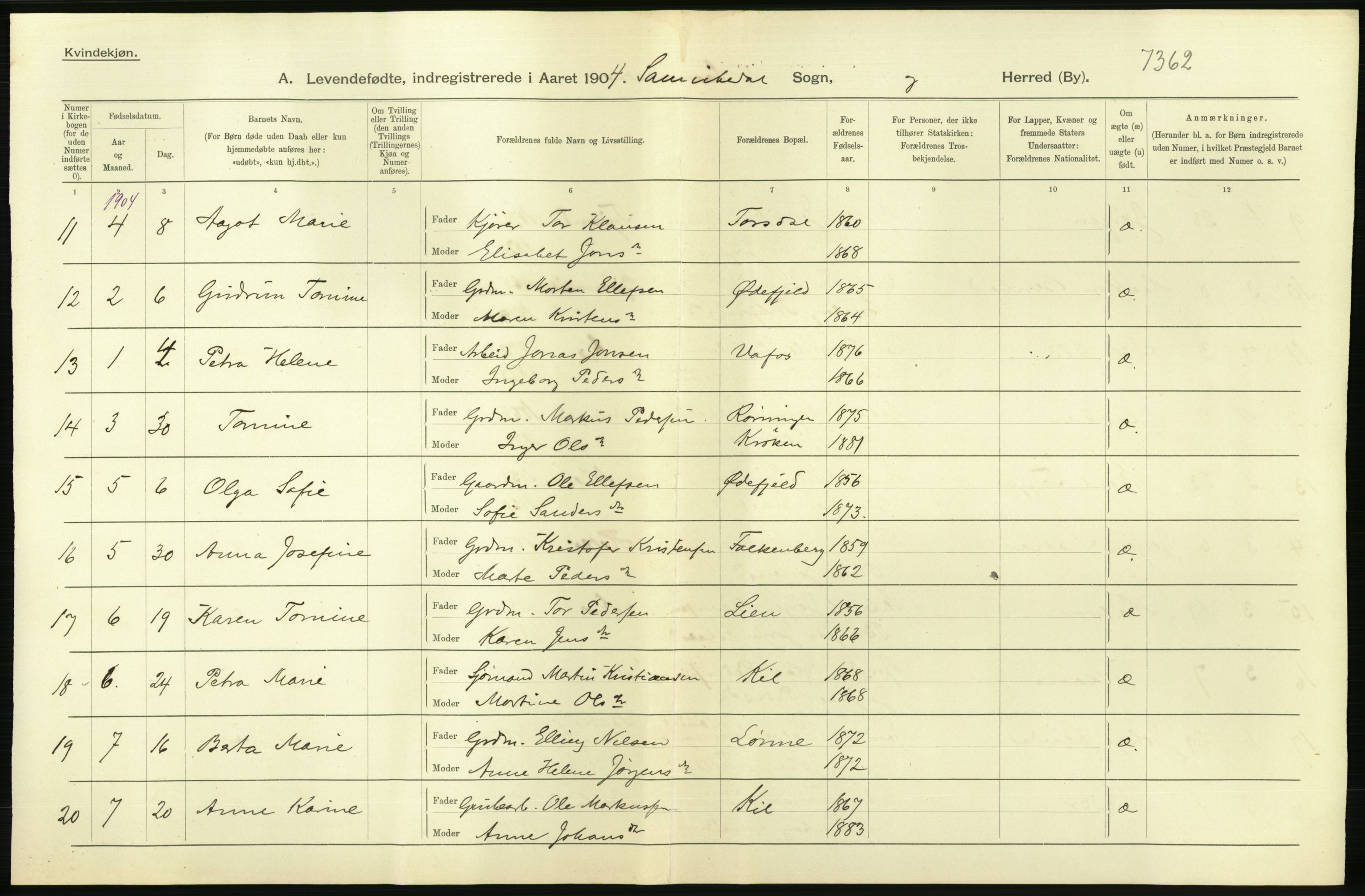 Statistisk sentralbyrå, Sosiodemografiske emner, Befolkning, AV/RA-S-2228/D/Df/Dfa/Dfab/L0009: Bratsberg amt: Fødte, gifte, døde, 1904, s. 26