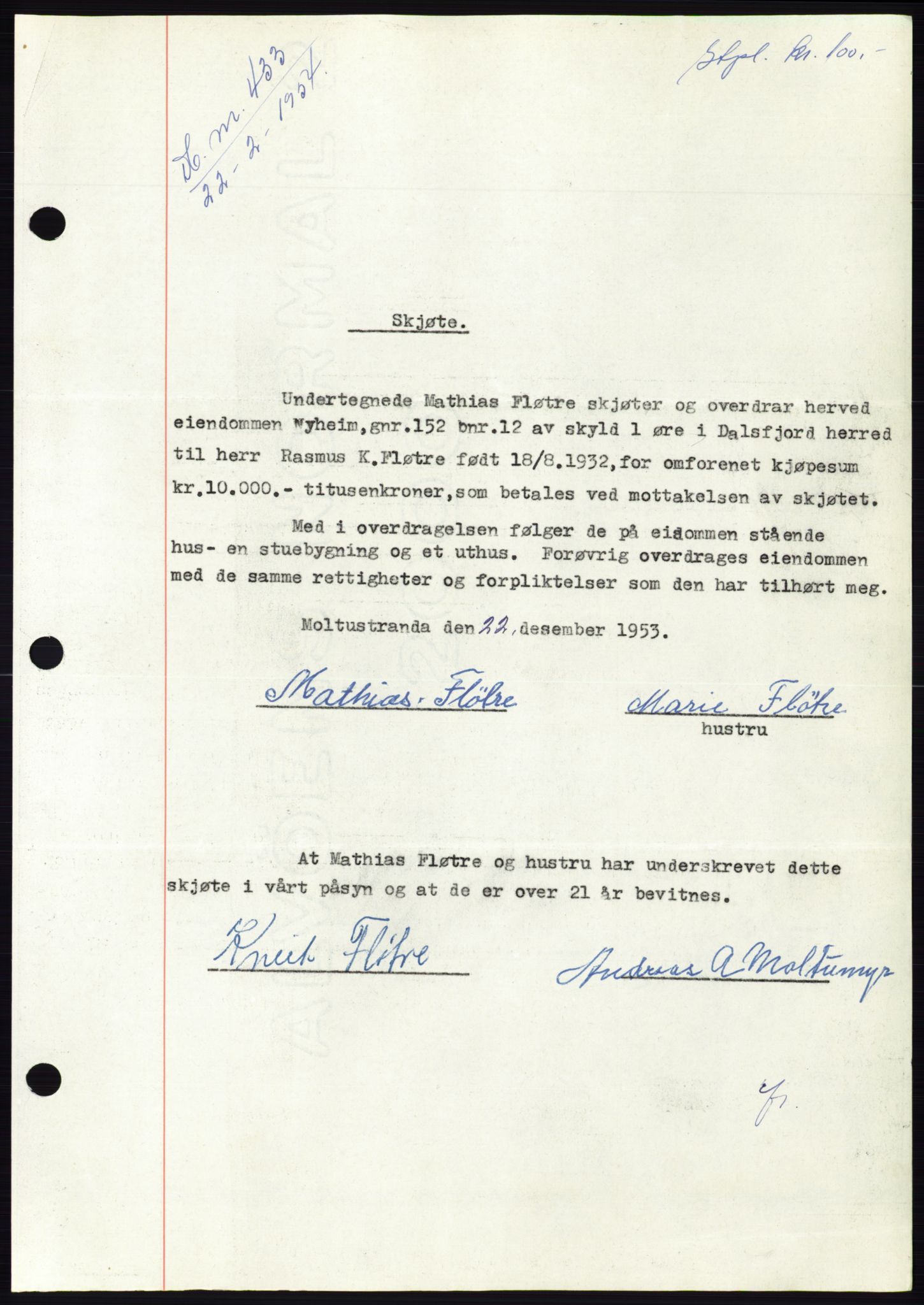 Søre Sunnmøre sorenskriveri, SAT/A-4122/1/2/2C/L0097: Pantebok nr. 23A, 1954-1954, Dagboknr: 433/1954