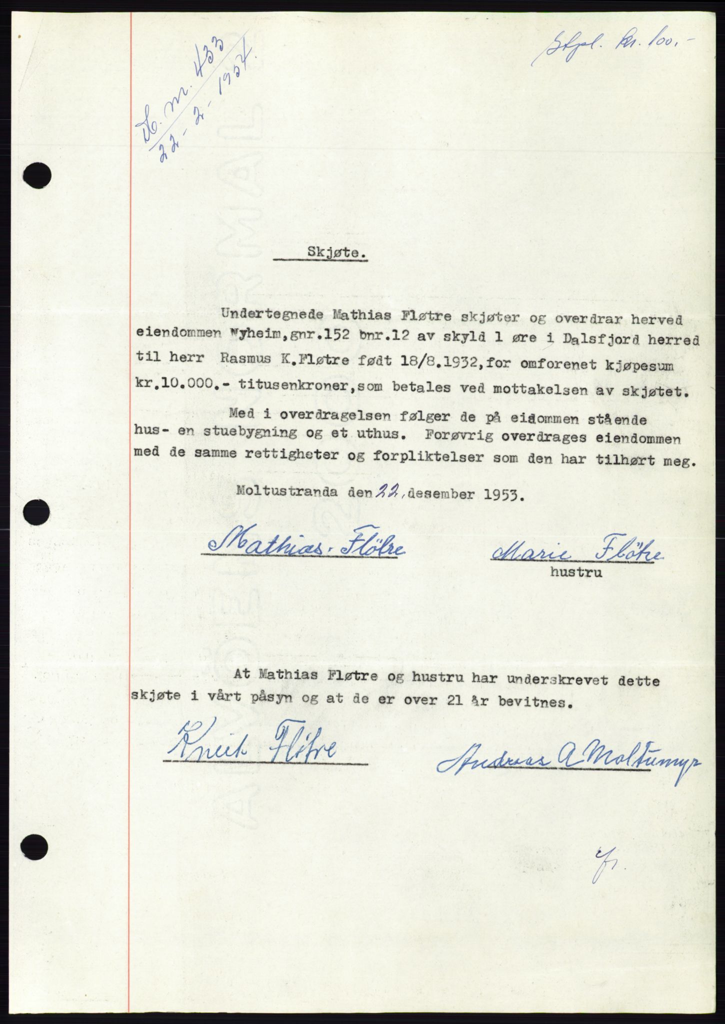 Søre Sunnmøre sorenskriveri, AV/SAT-A-4122/1/2/2C/L0097: Pantebok nr. 23A, 1954-1954, Dagboknr: 433/1954