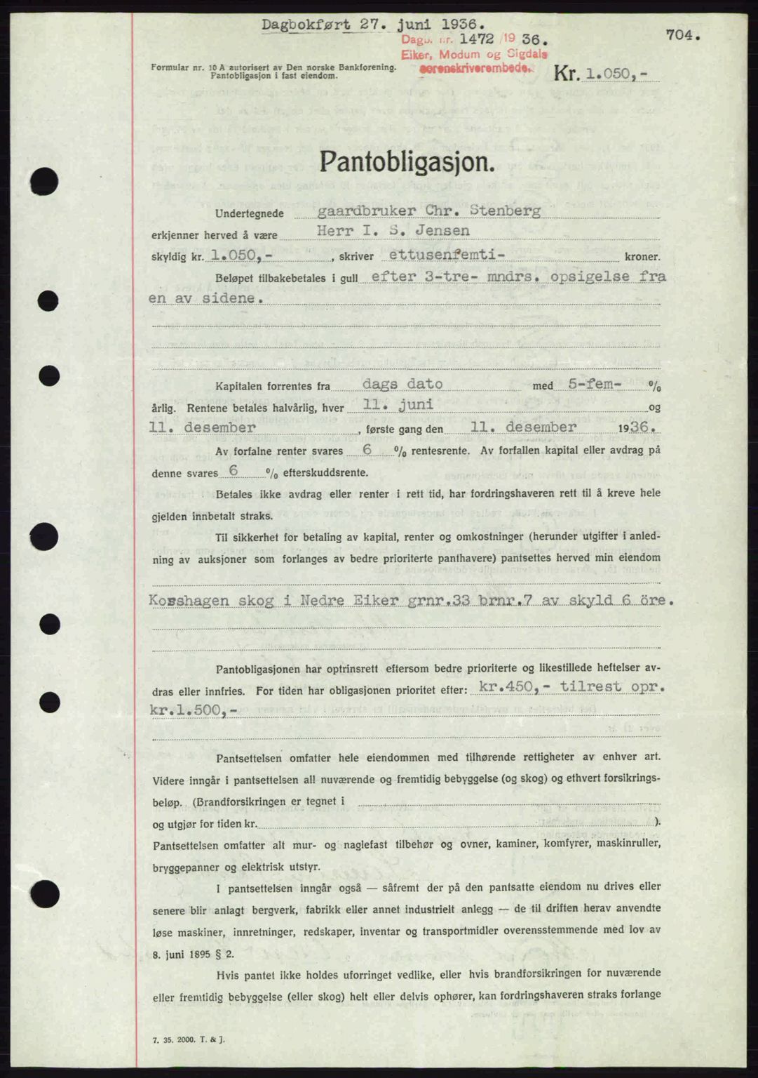 Eiker, Modum og Sigdal sorenskriveri, SAKO/A-123/G/Ga/Gab/L0032: Pantebok nr. A2, 1936-1936, Dagboknr: 1472/1936