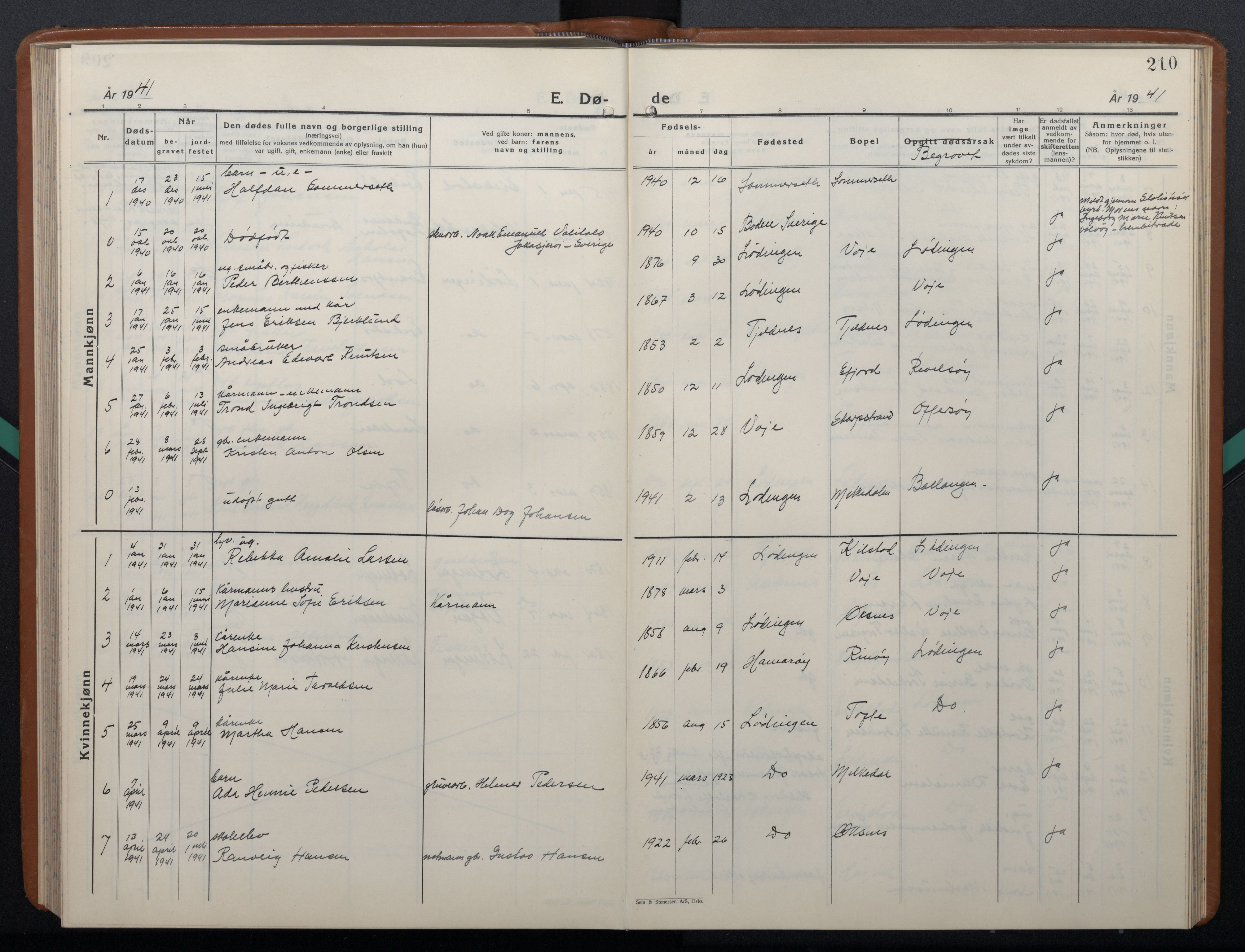 Ministerialprotokoller, klokkerbøker og fødselsregistre - Nordland, SAT/A-1459/872/L1051: Klokkerbok nr. 872C07, 1939-1947, s. 210