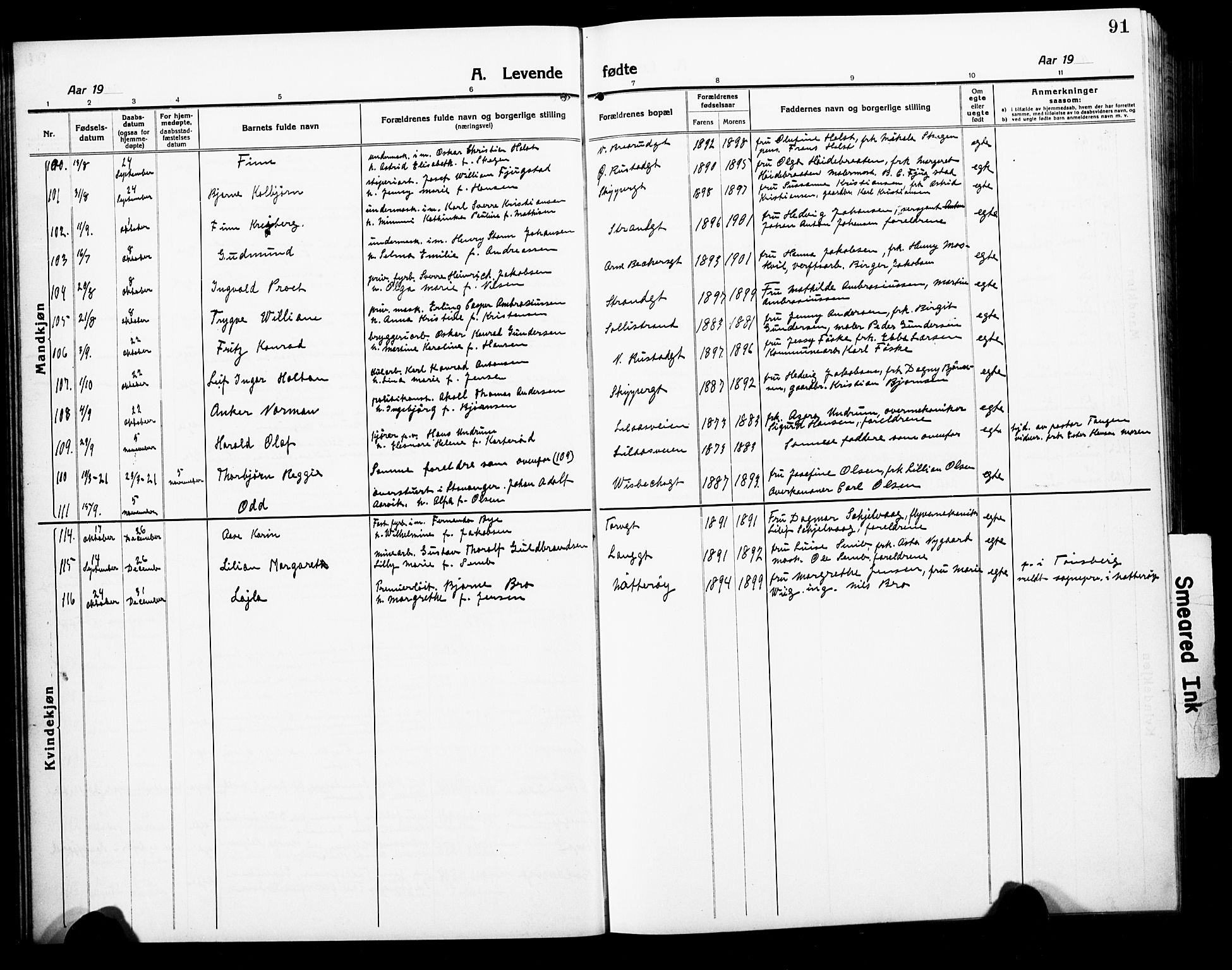 Horten kirkebøker, AV/SAKO-A-348/G/Ga/L0008: Klokkerbok nr. 8, 1916-1926, s. 91