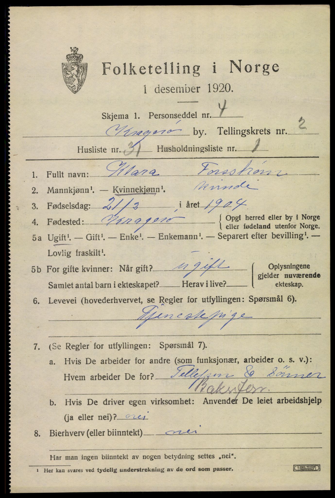 SAKO, Folketelling 1920 for 0801 Kragerø kjøpstad, 1920, s. 5731