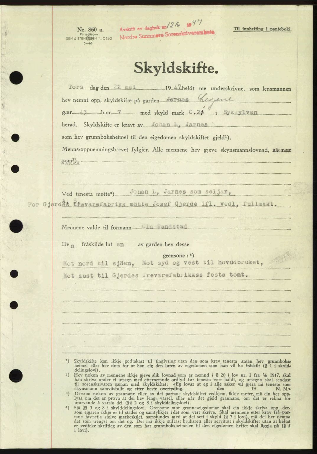 Nordre Sunnmøre sorenskriveri, AV/SAT-A-0006/1/2/2C/2Ca: Pantebok nr. A25, 1947-1947, Dagboknr: 1215/1947