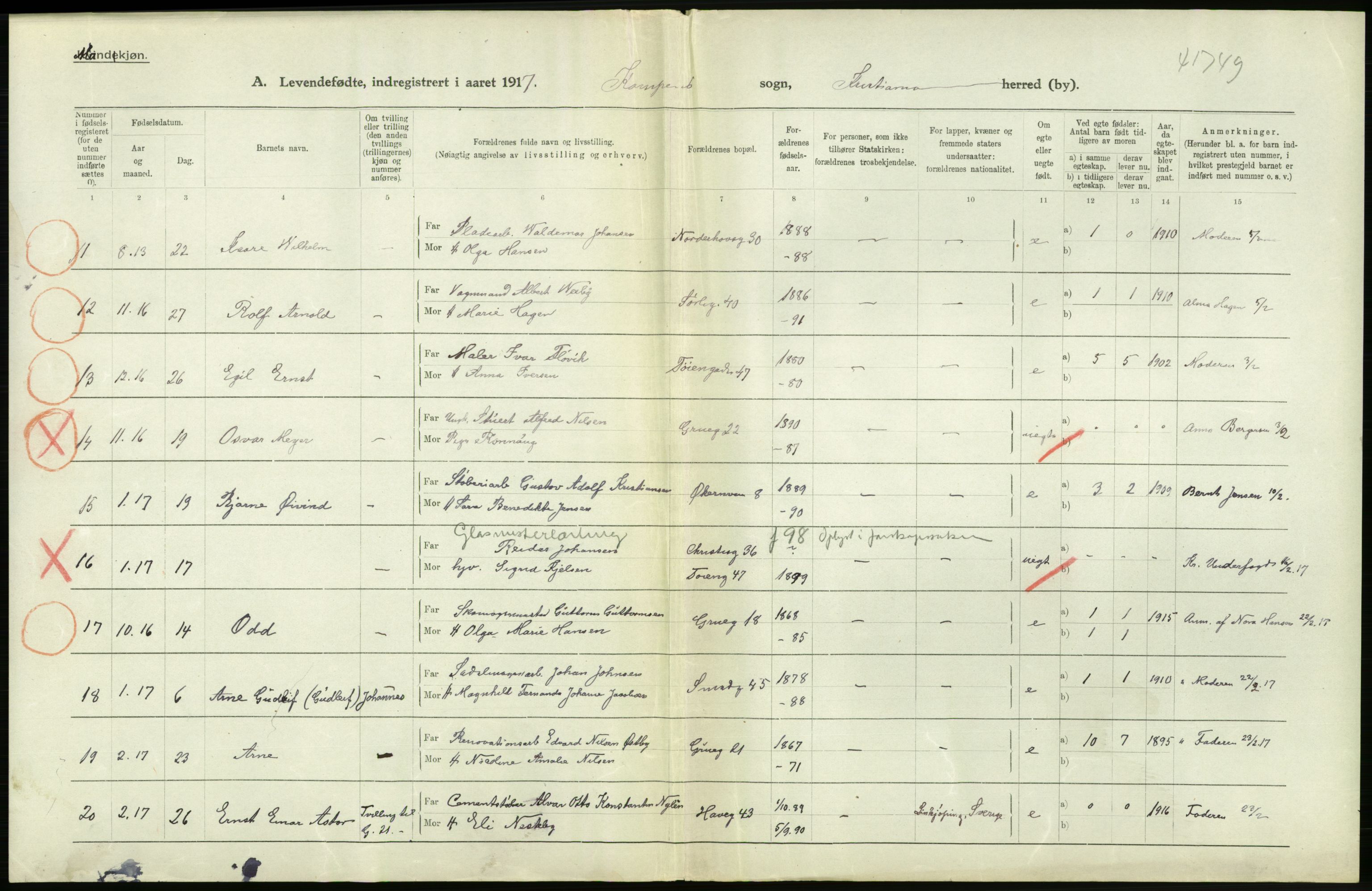 Statistisk sentralbyrå, Sosiodemografiske emner, Befolkning, AV/RA-S-2228/D/Df/Dfb/Dfbg/L0007: Kristiania: Levendefødte menn og kvinner., 1917, s. 418