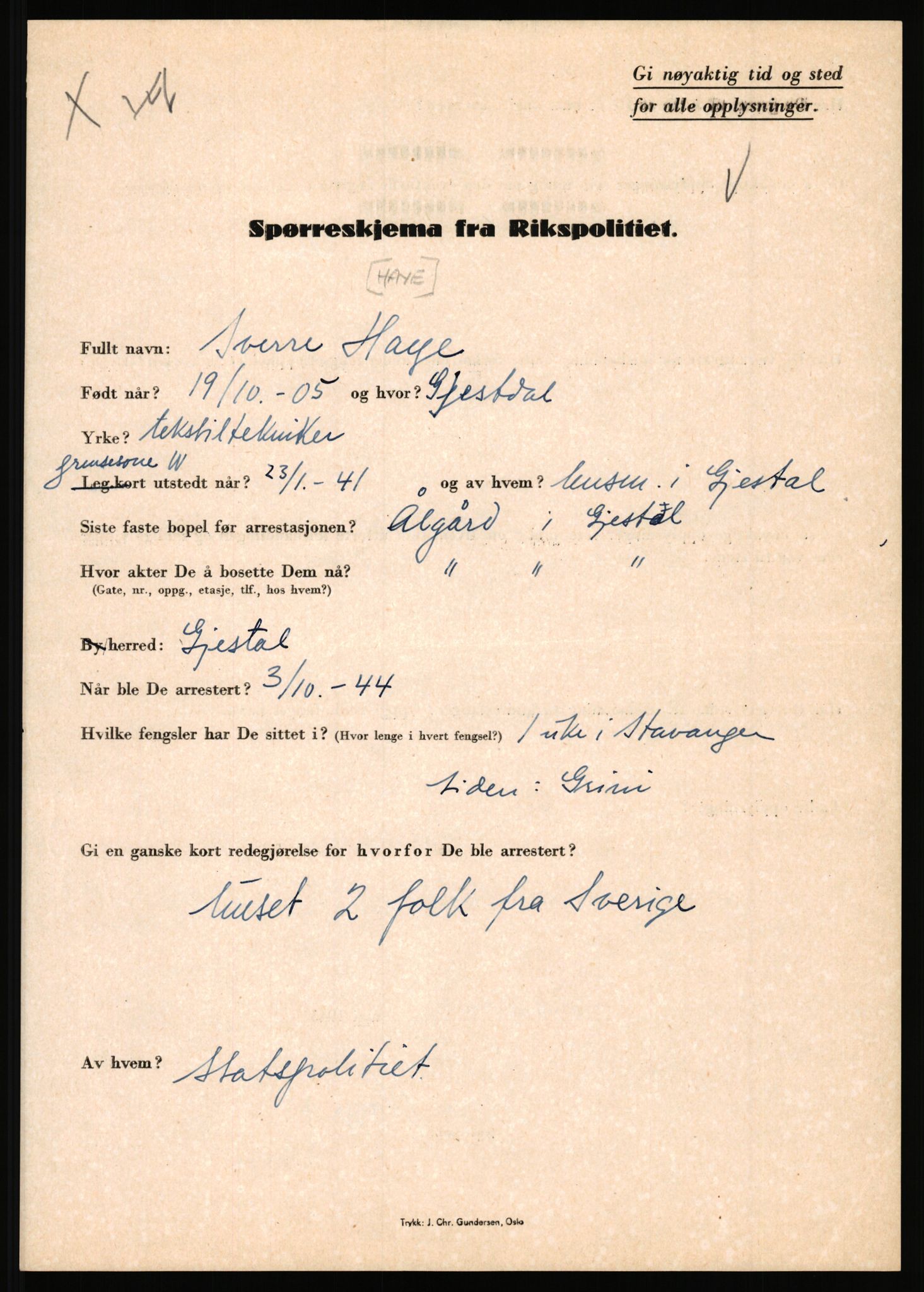 Rikspolitisjefen, AV/RA-S-1560/L/L0006: Hansen, Adolf Boye - Hemstad, Gunnar, 1940-1945, s. 895