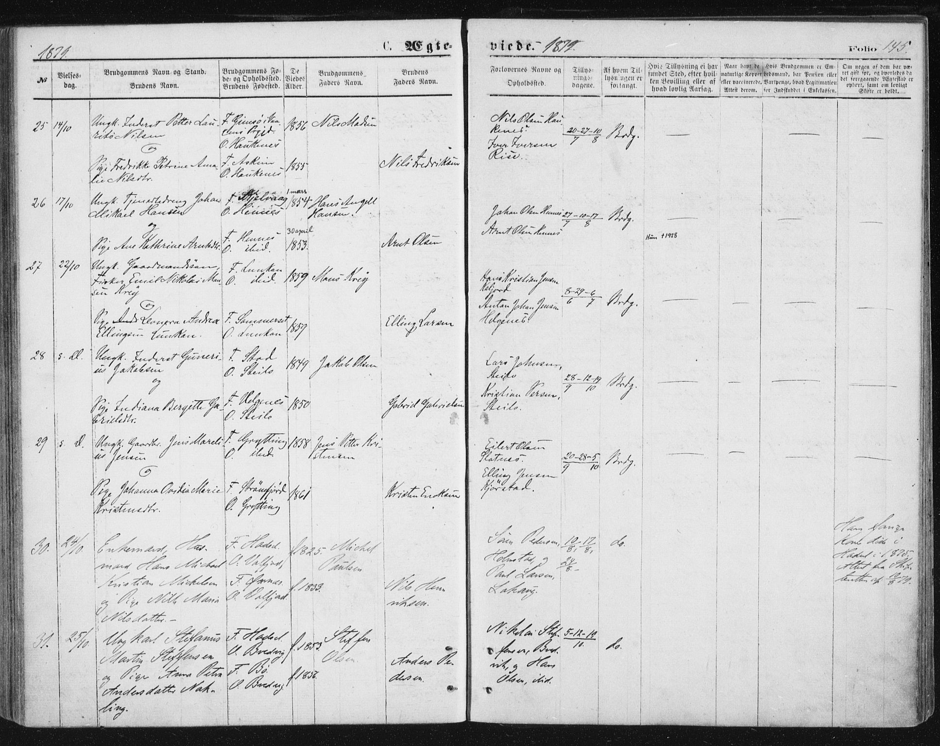 Ministerialprotokoller, klokkerbøker og fødselsregistre - Nordland, AV/SAT-A-1459/888/L1243: Ministerialbok nr. 888A09, 1876-1879, s. 145