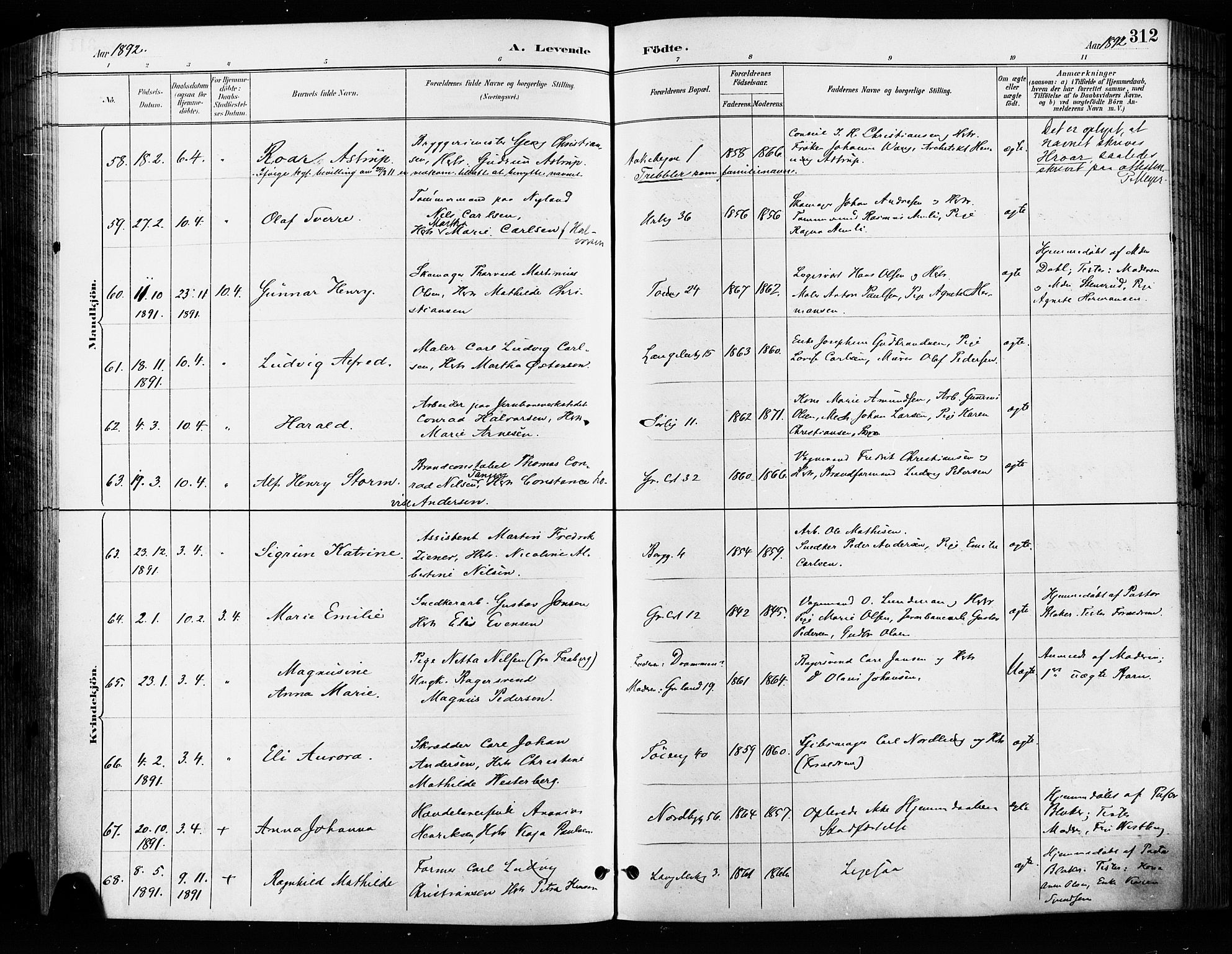 Grønland prestekontor Kirkebøker, SAO/A-10848/F/Fa/L0009: Ministerialbok nr. 9, 1888-1893, s. 312