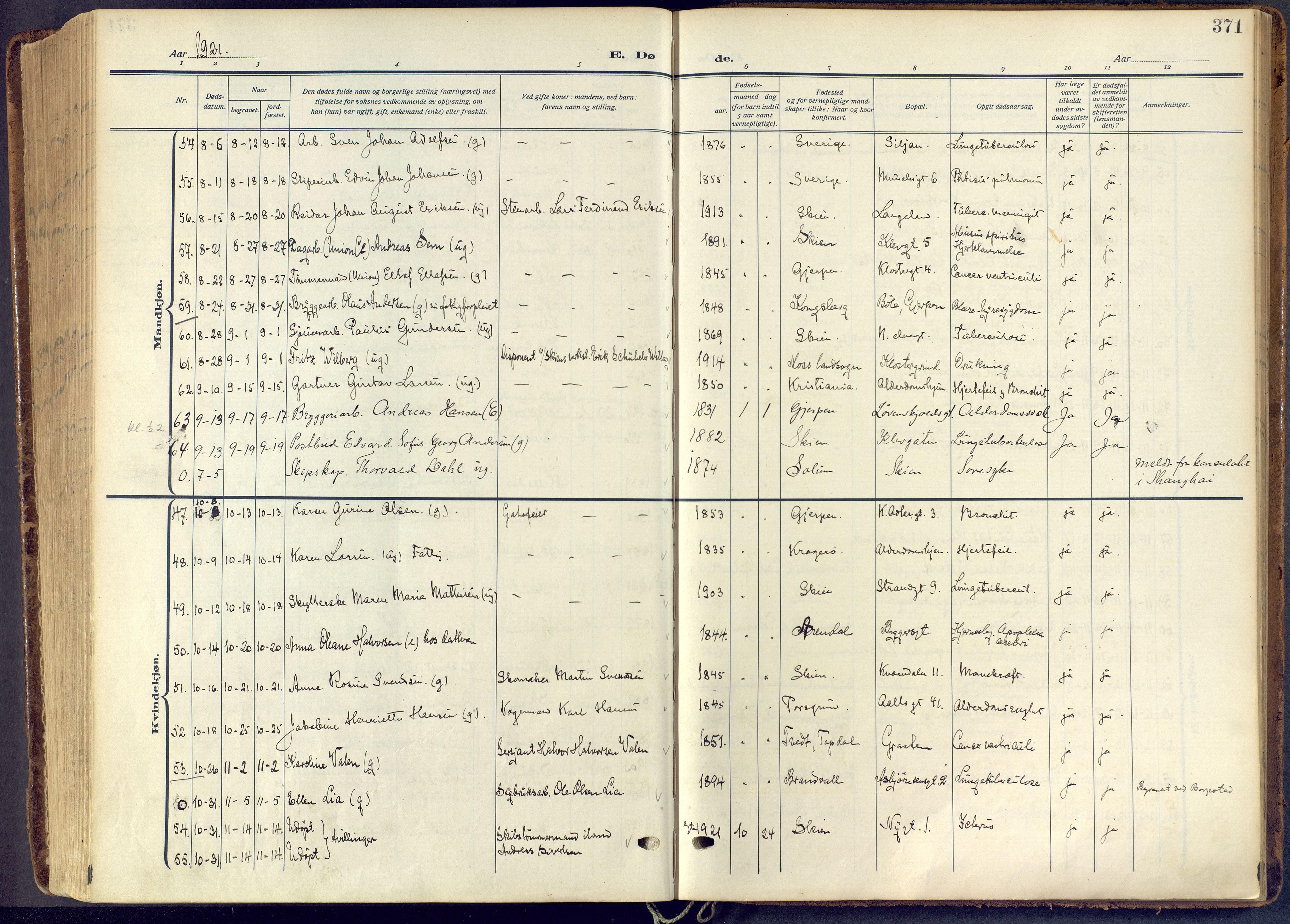 Skien kirkebøker, AV/SAKO-A-302/F/Fa/L0013: Ministerialbok nr. 13, 1915-1921, s. 371