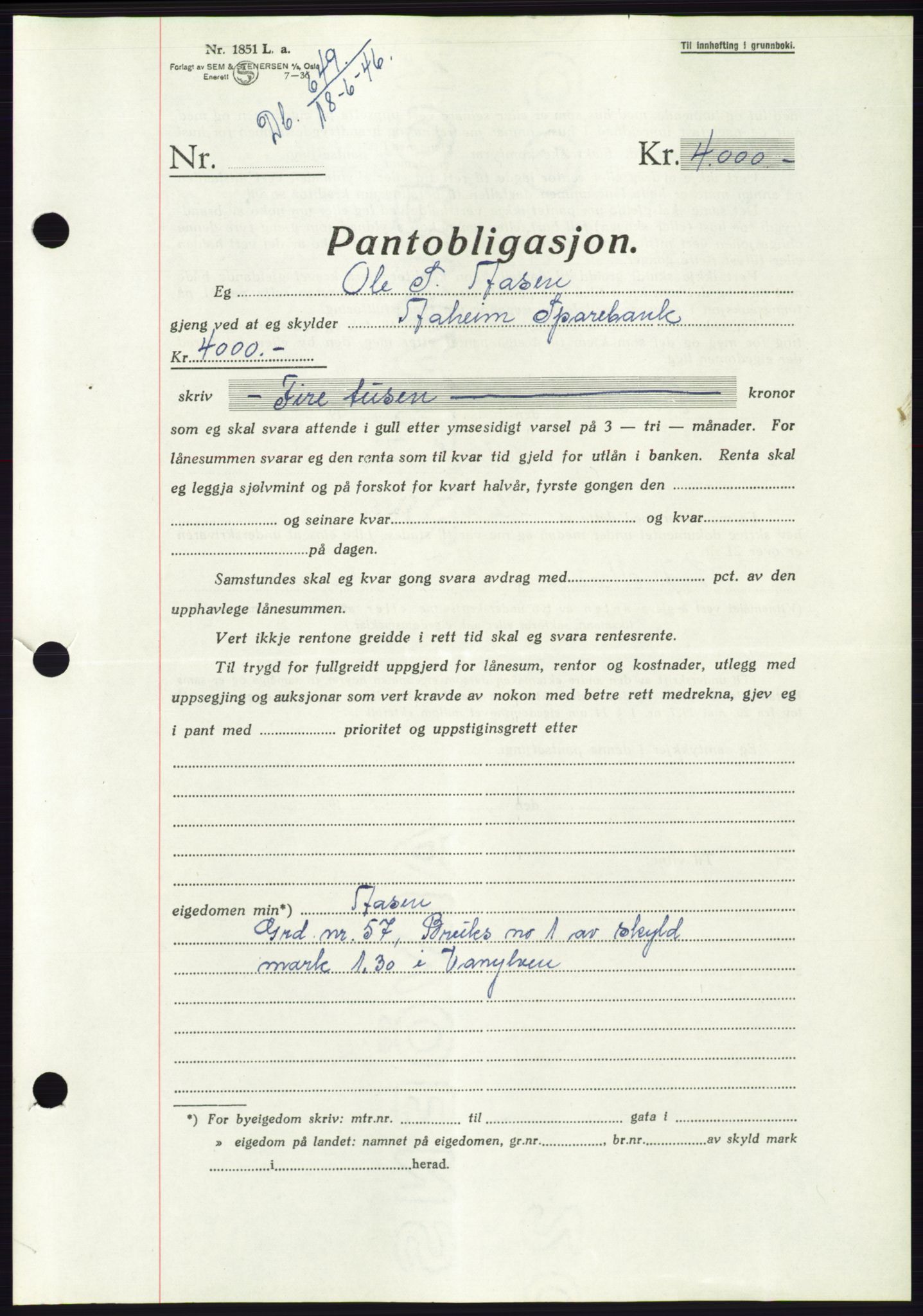 Søre Sunnmøre sorenskriveri, AV/SAT-A-4122/1/2/2C/L0114: Pantebok nr. 1-2B, 1943-1947, Dagboknr: 649/1946