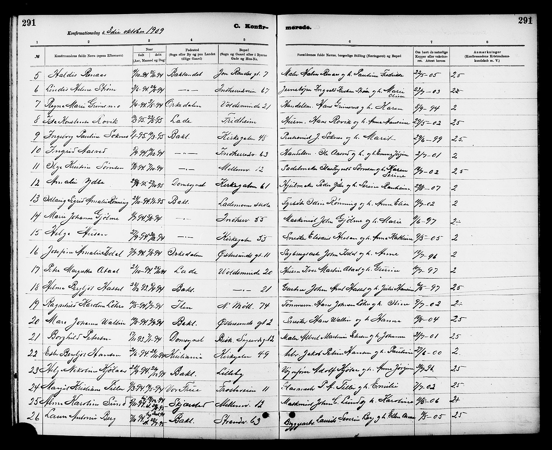 Ministerialprotokoller, klokkerbøker og fødselsregistre - Sør-Trøndelag, AV/SAT-A-1456/605/L0254: Klokkerbok nr. 605C01, 1908-1916, s. 291