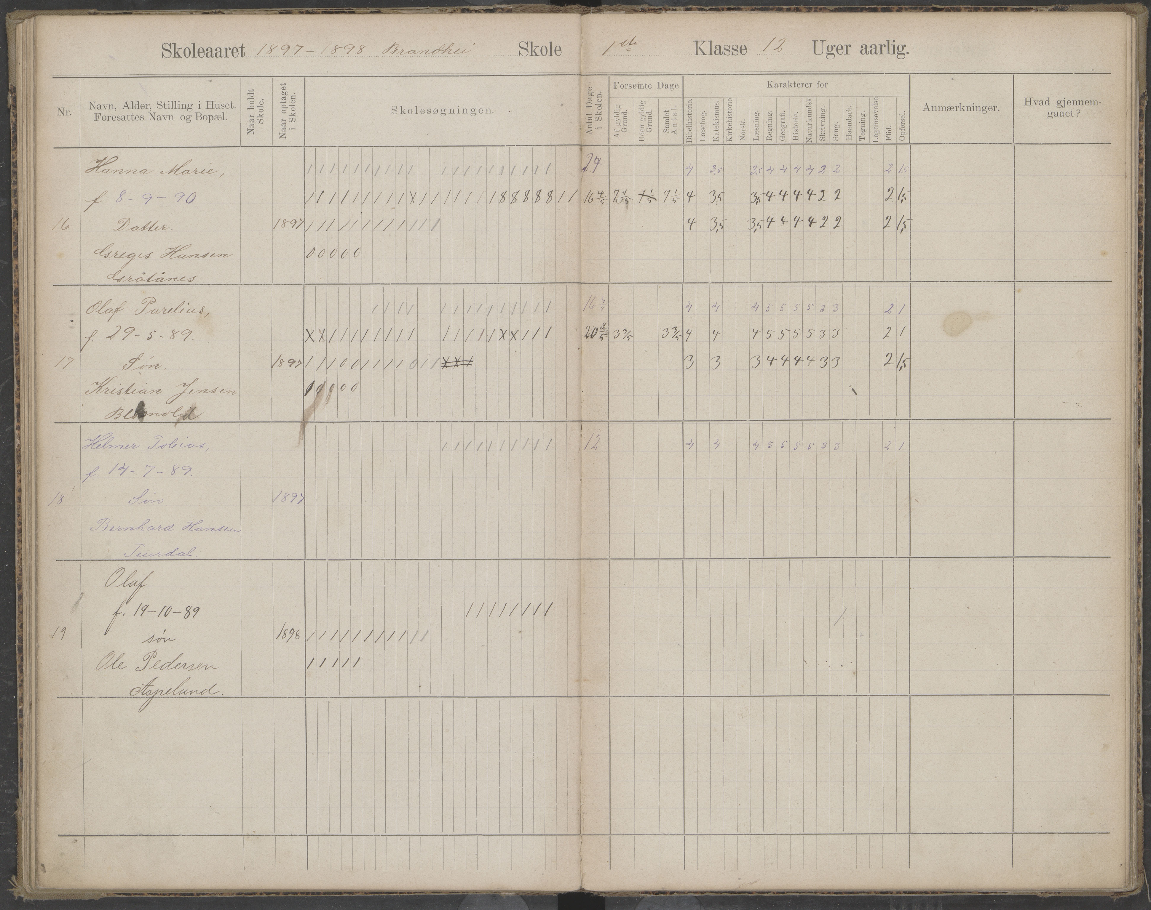 Beiarn kommune. Brandhei skolekrets, AIN/K-18390.510.03/442/L0003: Karakter/oversiktsprotokoll, 1893-1910