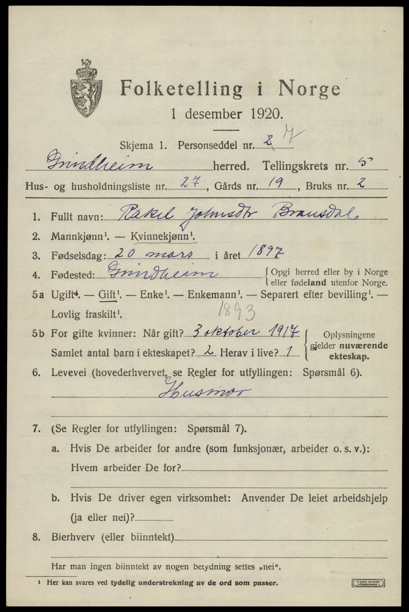 SAK, Folketelling 1920 for 1025 Grindheim herred, 1920, s. 1835