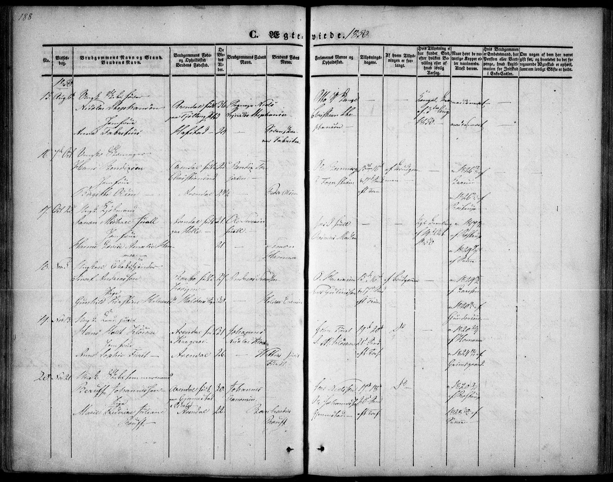 Arendal sokneprestkontor, Trefoldighet, AV/SAK-1111-0040/F/Fa/L0005: Ministerialbok nr. A 5, 1838-1854, s. 188