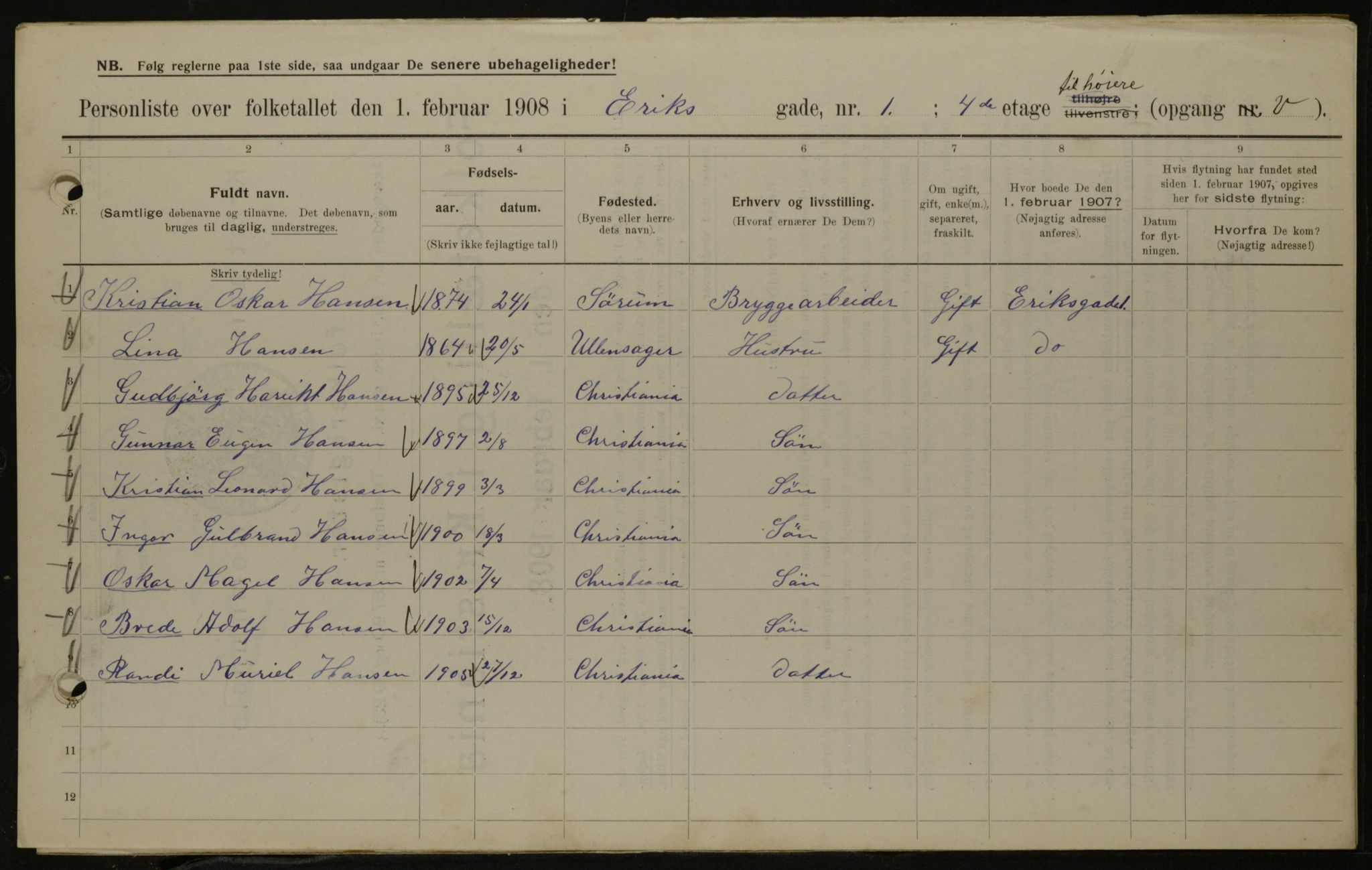 OBA, Kommunal folketelling 1.2.1908 for Kristiania kjøpstad, 1908, s. 17927