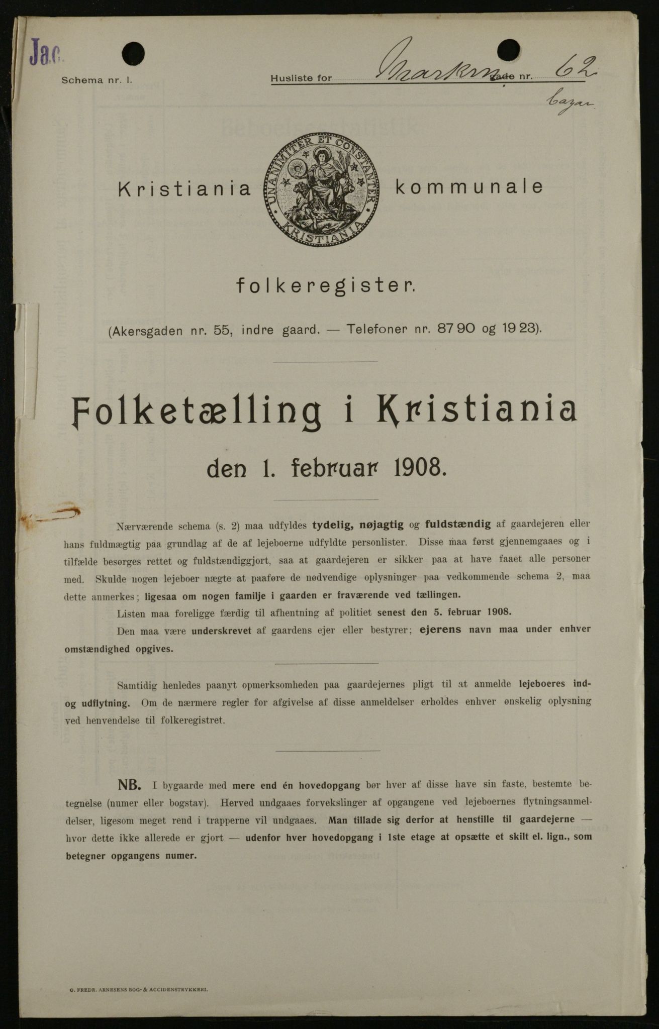 OBA, Kommunal folketelling 1.2.1908 for Kristiania kjøpstad, 1908, s. 57783