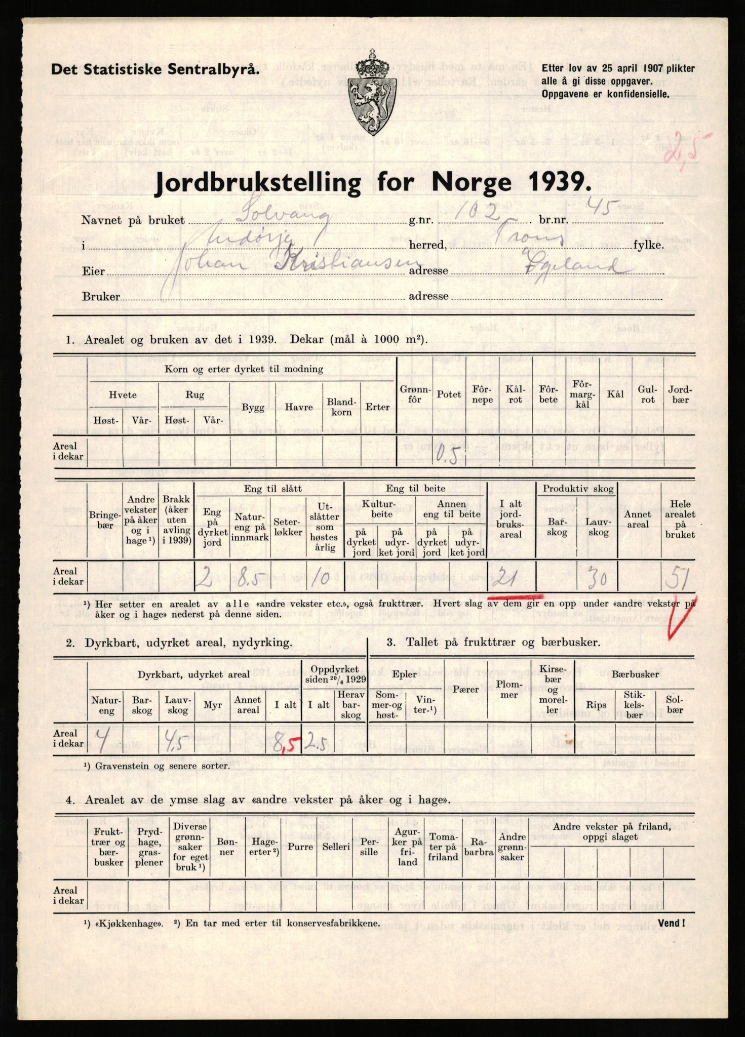 Statistisk sentralbyrå, Næringsøkonomiske emner, Jordbruk, skogbruk, jakt, fiske og fangst, AV/RA-S-2234/G/Gb/L0339: Troms: Andørja, Astafjord og Lavangen, 1939, s. 653