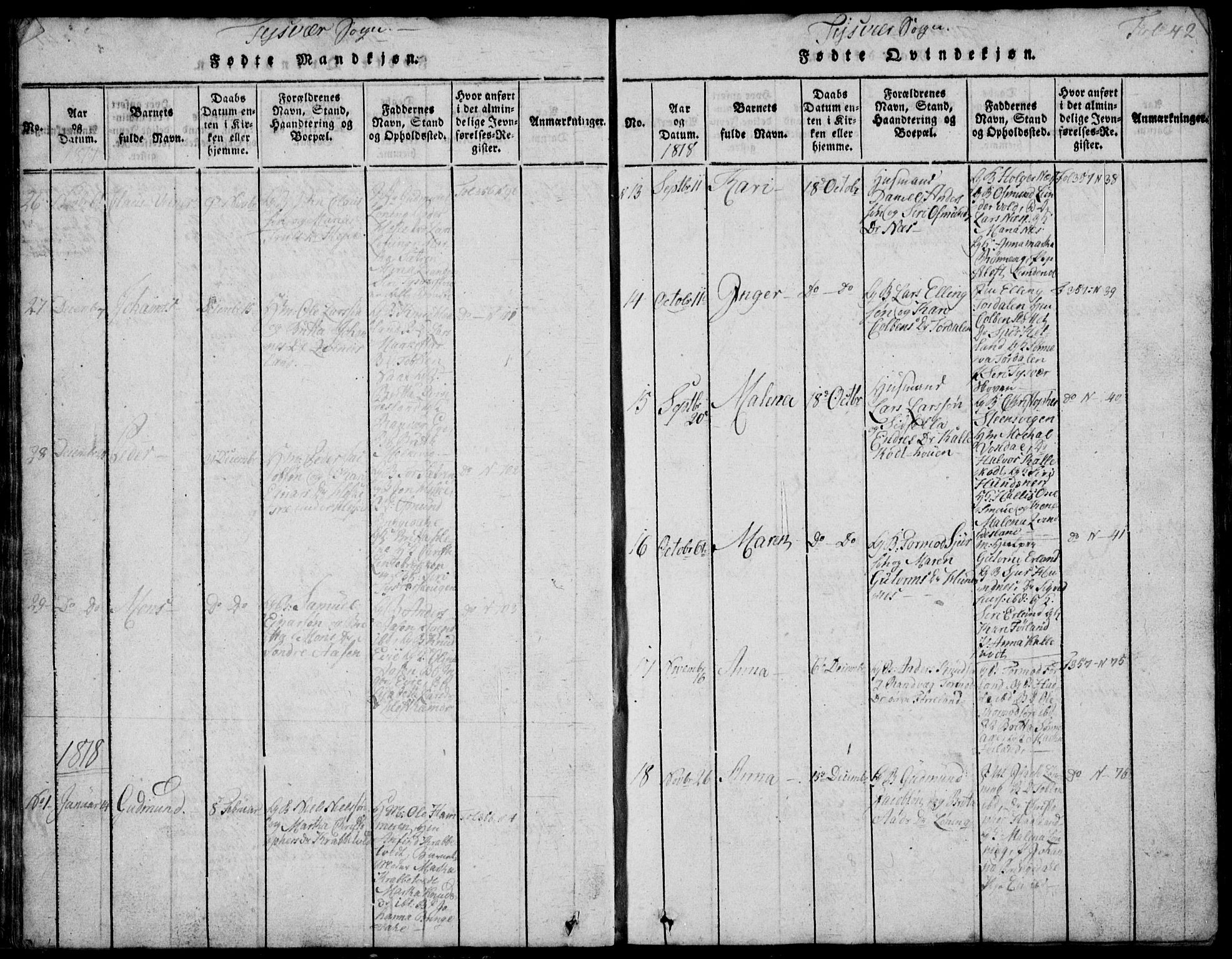 Skjold sokneprestkontor, SAST/A-101847/H/Ha/Hab/L0002: Klokkerbok nr. B 2 /1, 1815-1830, s. 42