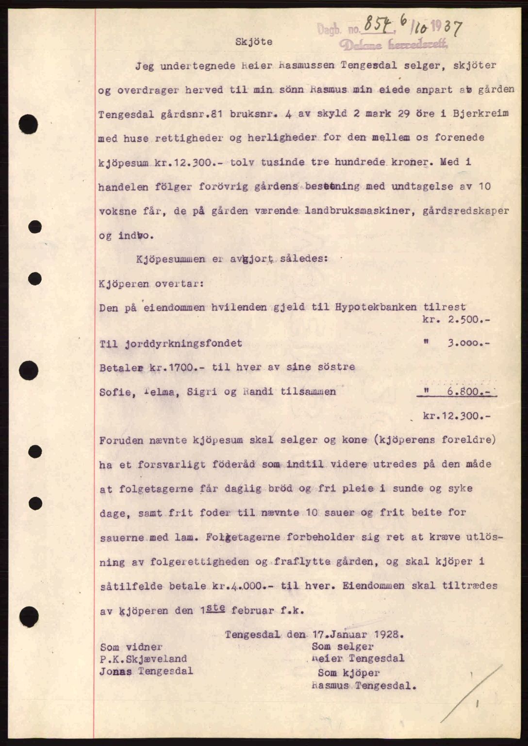Dalane sorenskriveri, SAST/A-100309/02/G/Gb/L0041: Pantebok nr. A2, 1936-1937, Dagboknr: 854/1937